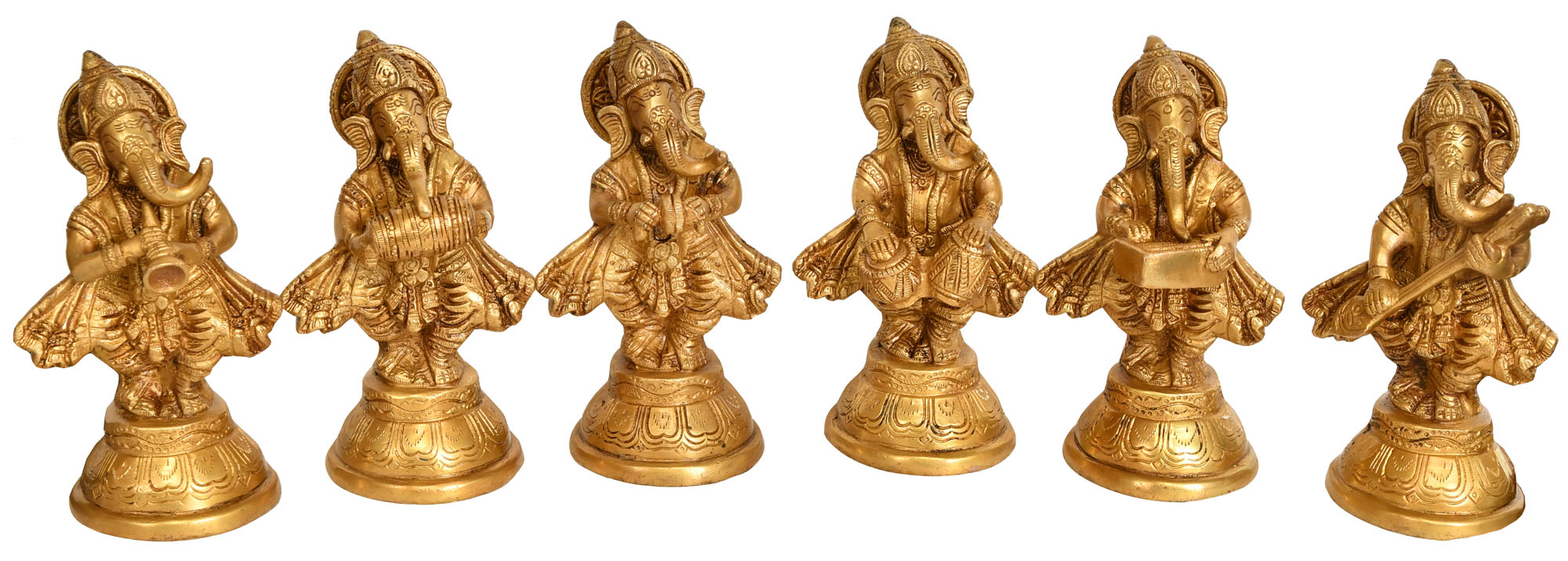 Set of Six Statues Brass Statue Exotic India Musician Ganesha