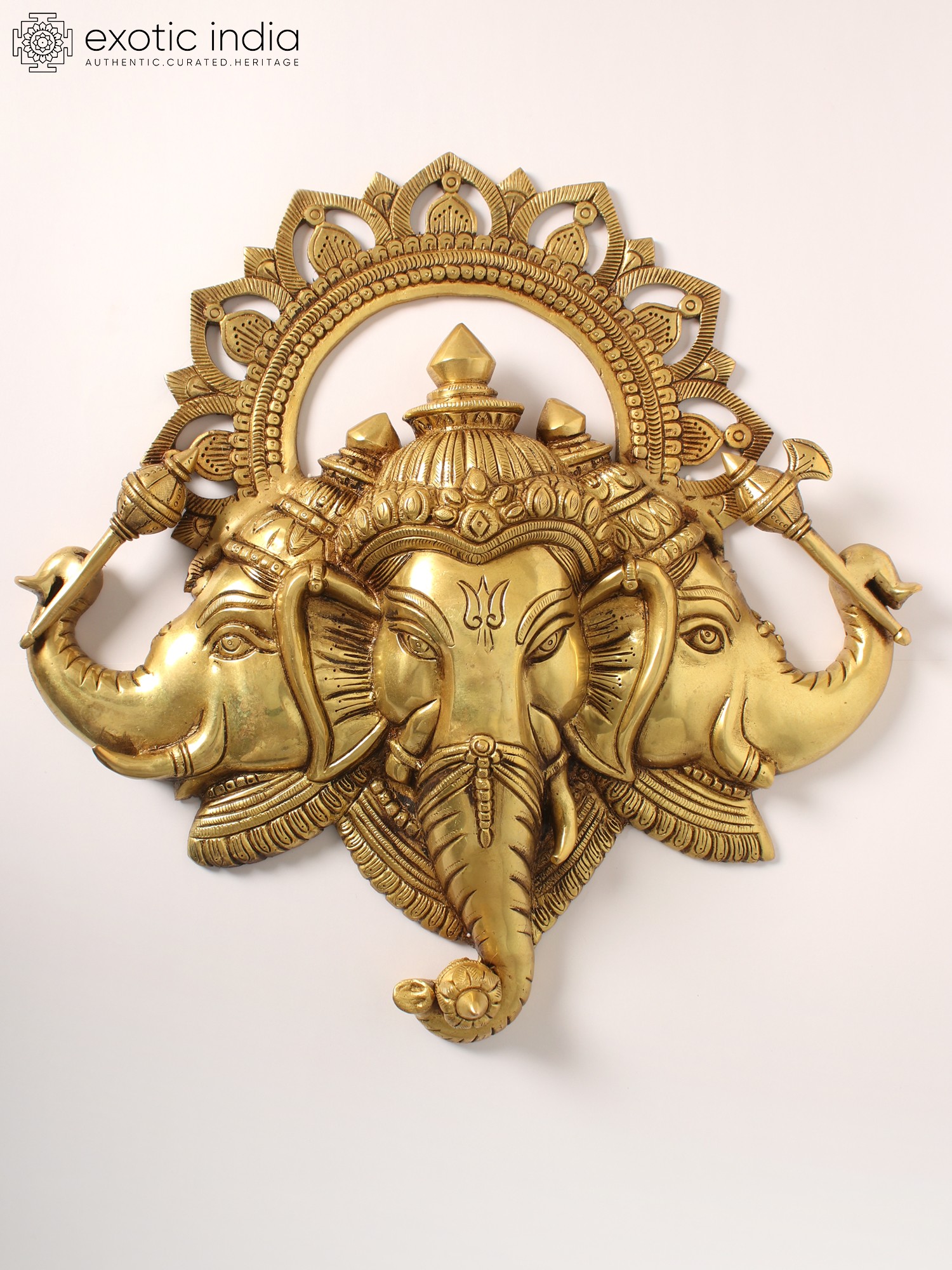 17" Three Headed Ganesha Face Wall Hanging in Brass Exotic India Art