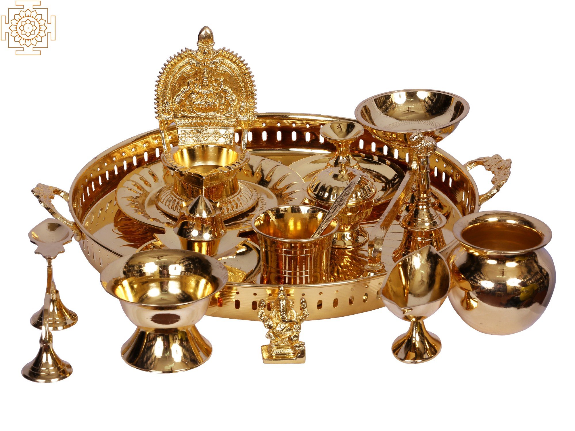 Gold Traditional 12 In One Agni Brass Pooja Thali Set, For Home