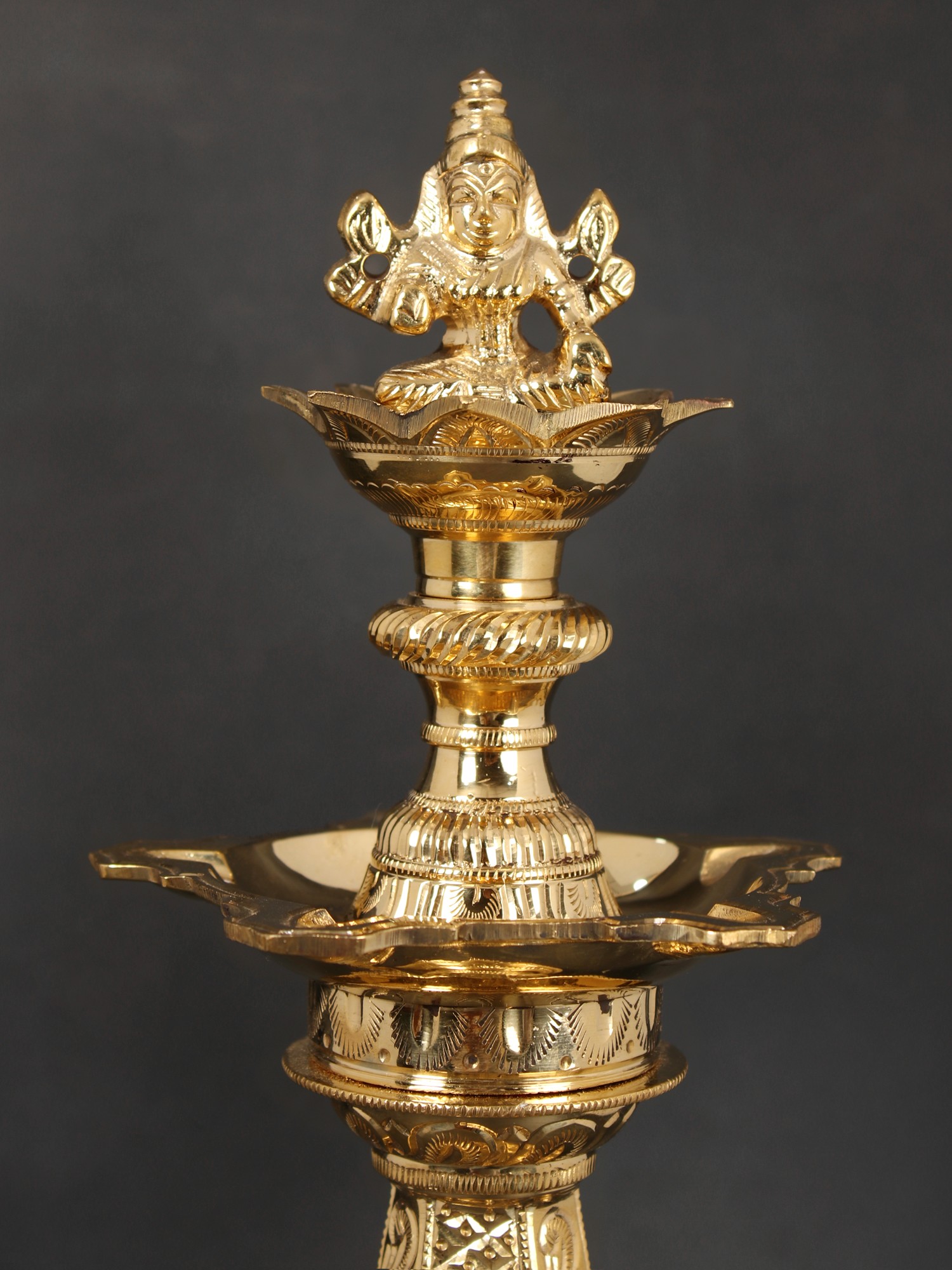 16" Lakshmi Lamp (Goddess Lakshmi On Top of Lamp) In Brass Handmade