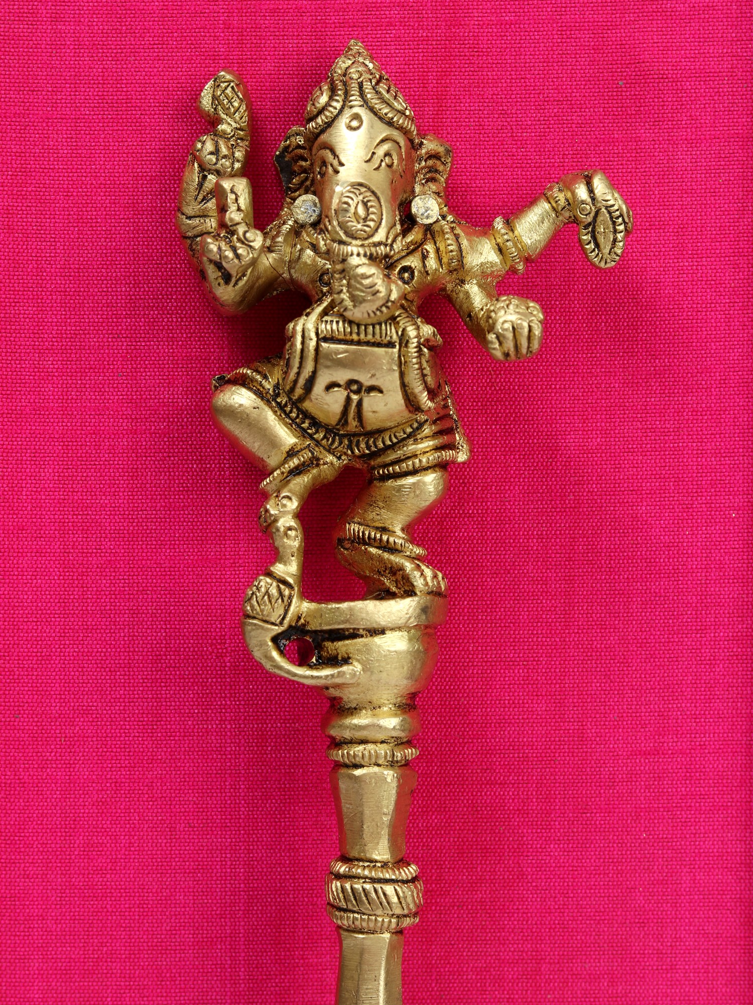 17" Wooden Framed Dancing Ganesha Ritual Spoon in Brass Wall Hanging