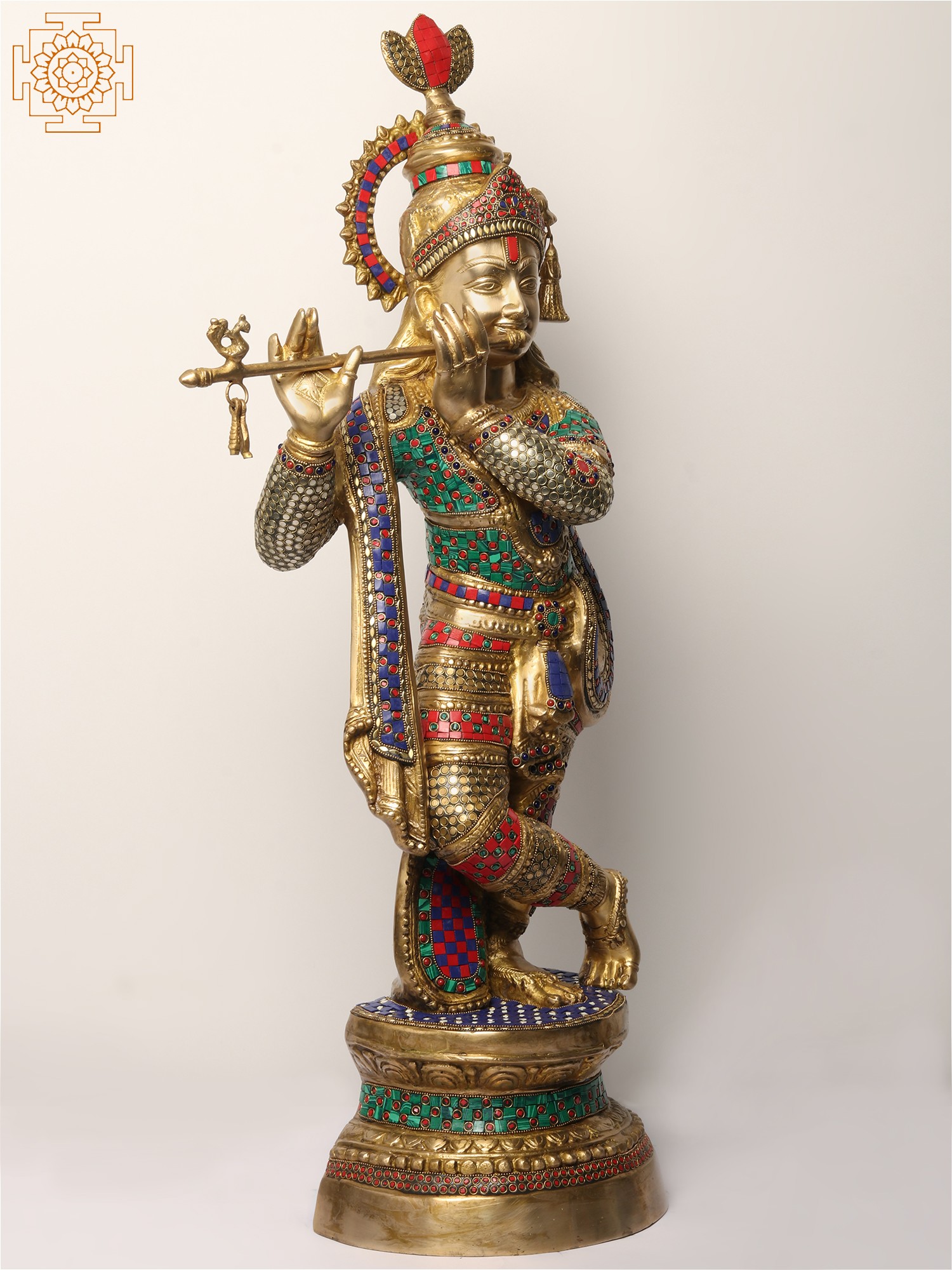 36" Large Lord Krishna Statue Playing Flute Brass with Inlay Work