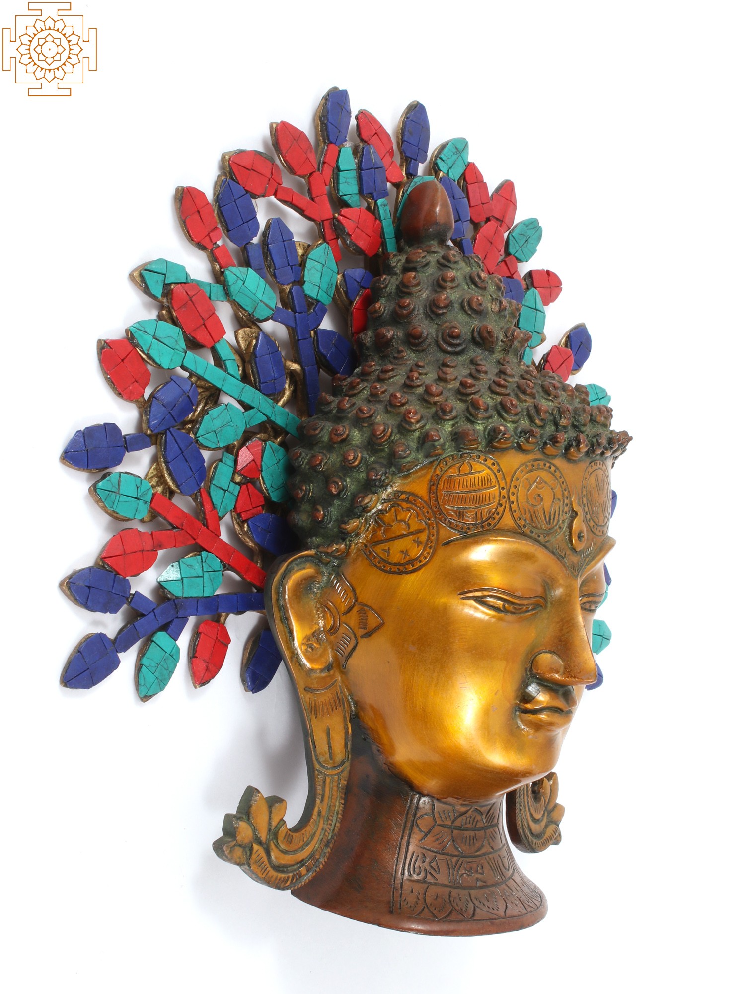 12" Brass Buddha Head Statue with Tree Wall Hanging Exotic India Art