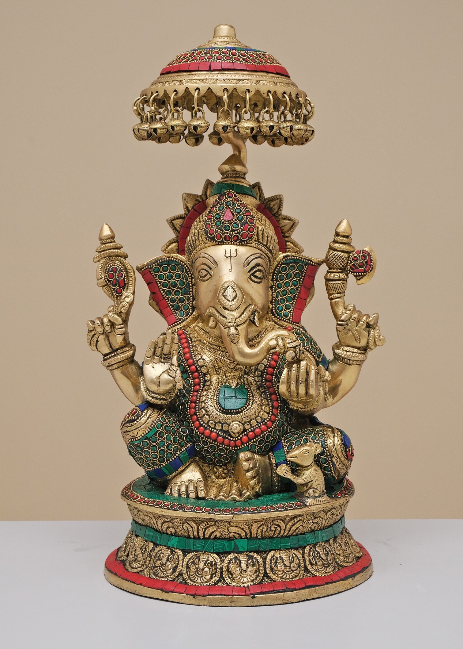 16 Brass King Ganesha with Inlay Work, Handmade