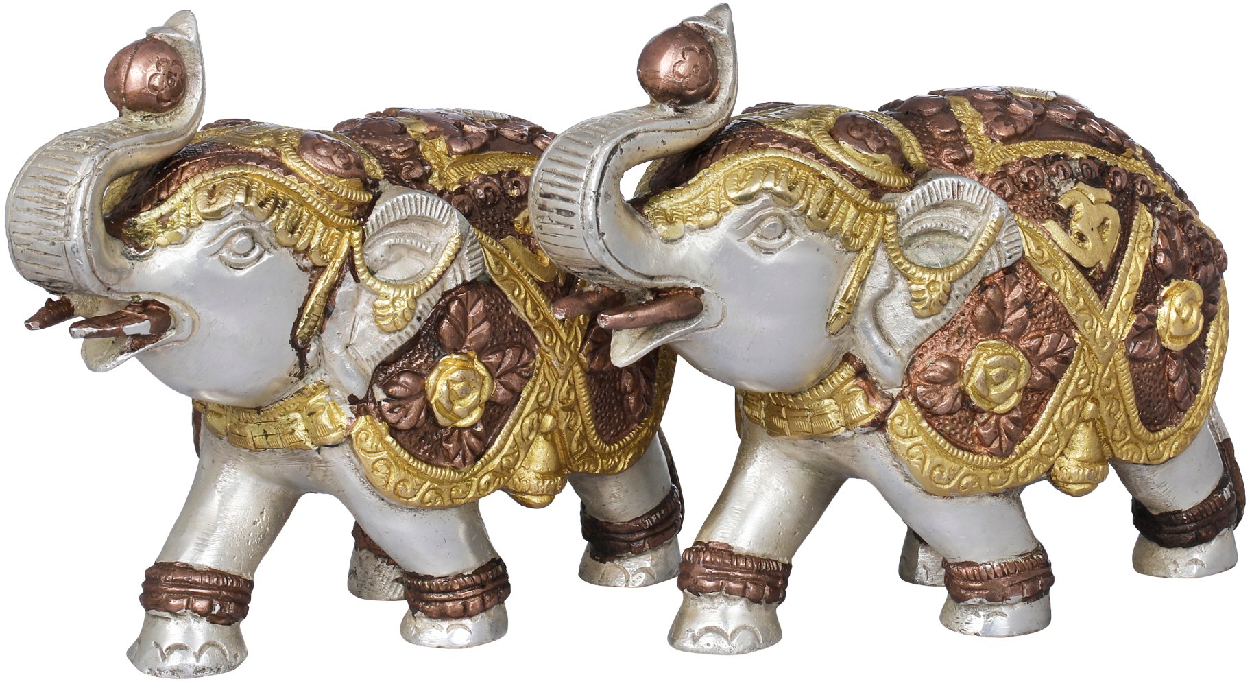 Wooden Elephant Statue Decorated Gold Colour & Gems raised & low trunk Asia Deco 