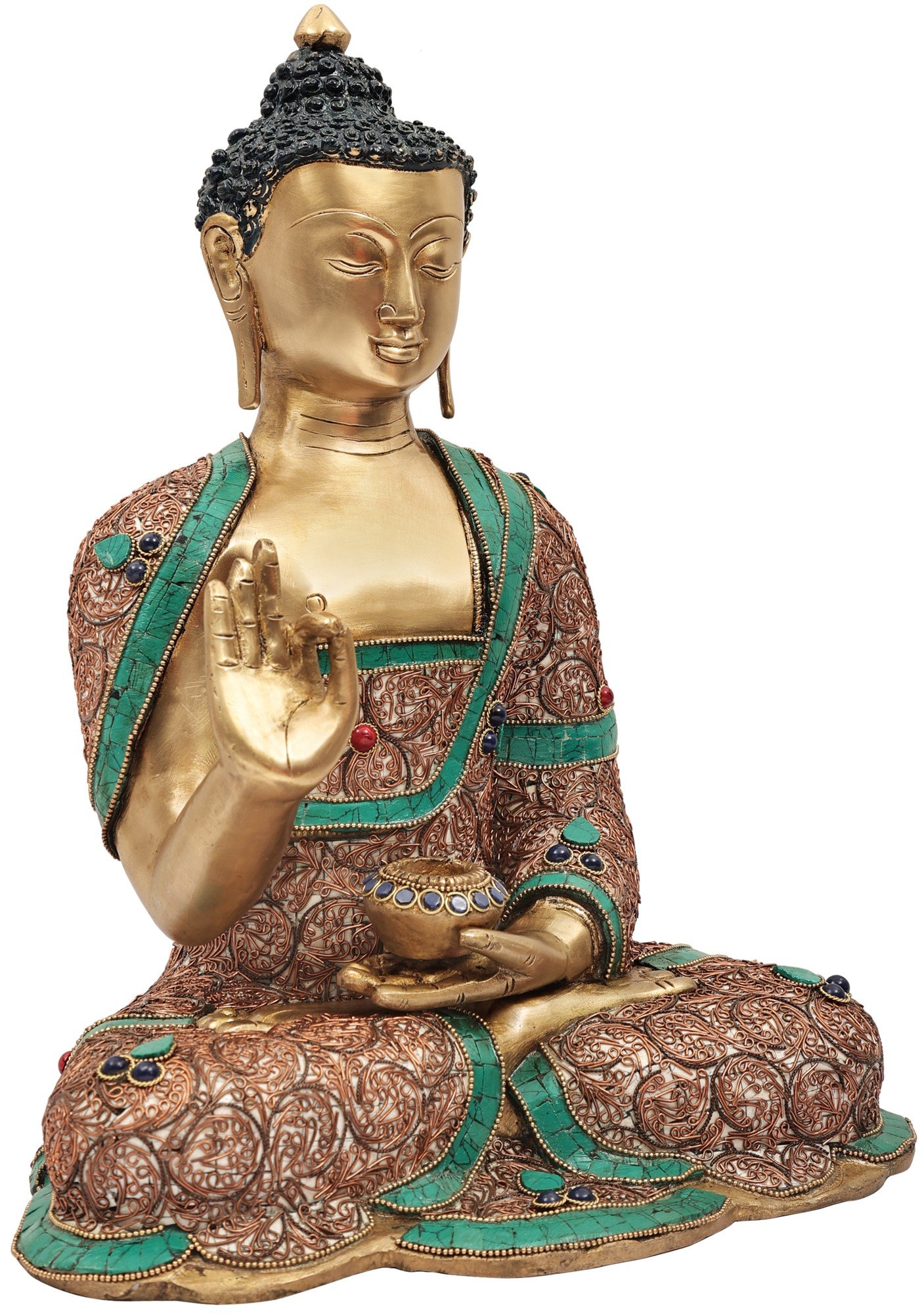 Buddha Statue Turquoise Coral & Lapis on Brass Metal Artisan Handcrafted Detail 