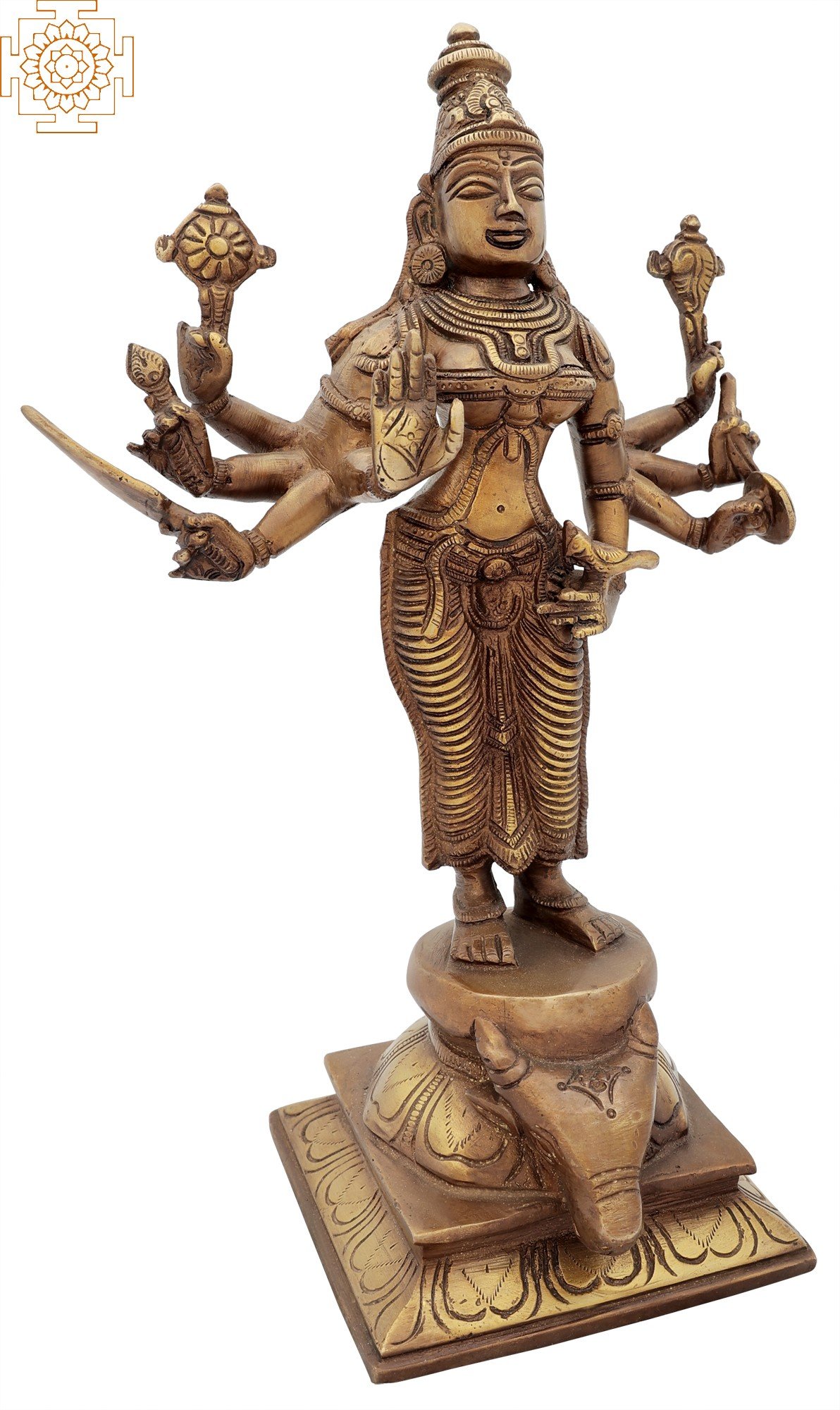 11 Devi Durga Standing on Buffalo Head In Brass, Handmade, Made In India