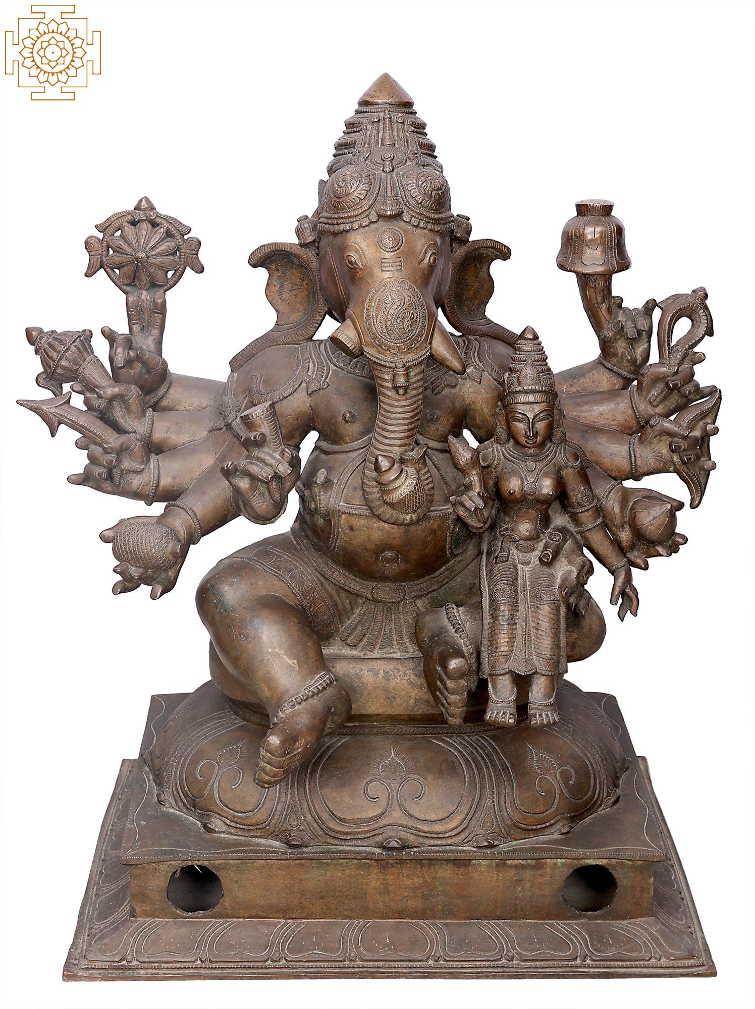 Brass Statue Ten Armed Ganesha with Goddess Shakti