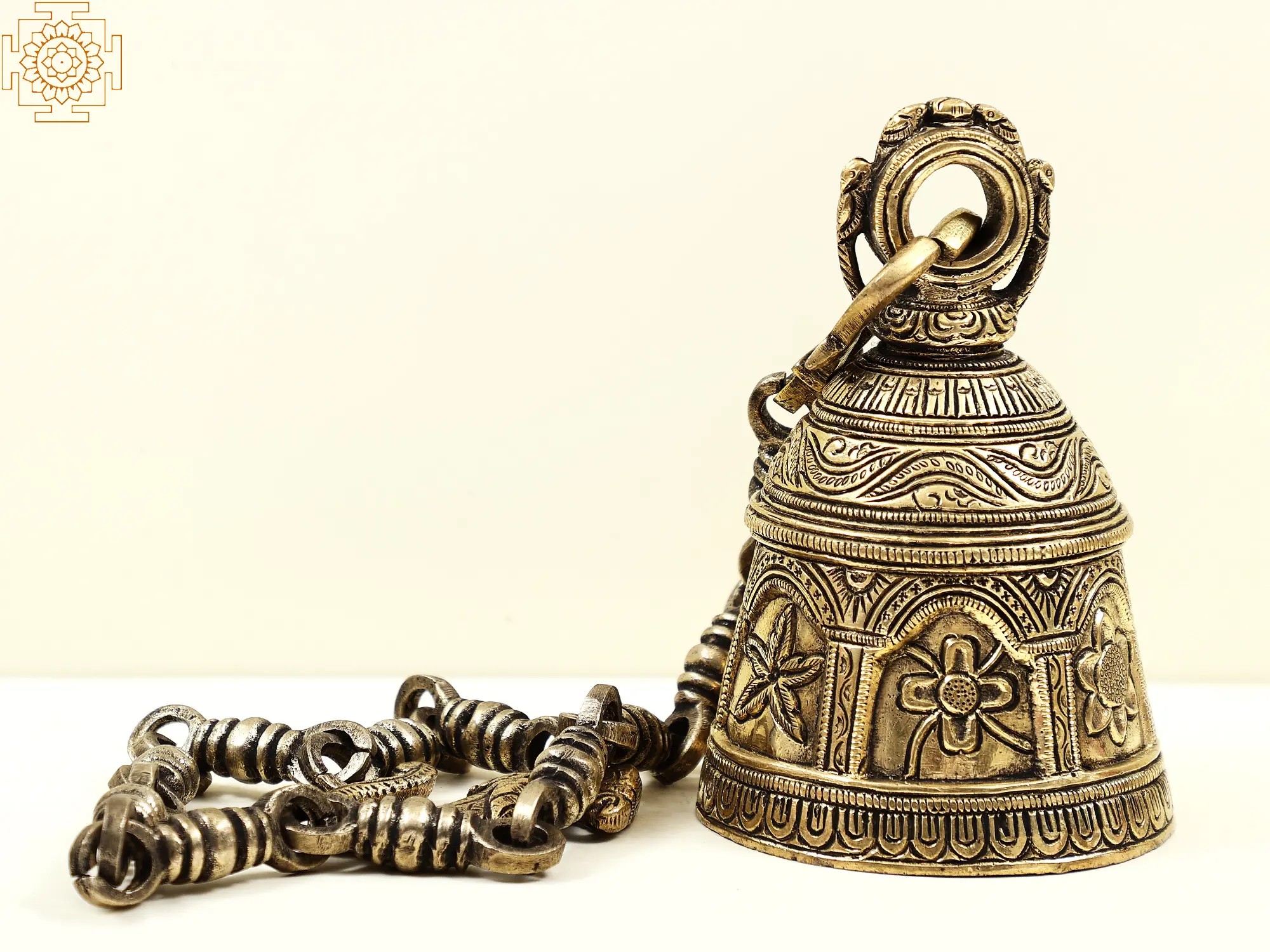 Handcrafted Brass Hanging Bell with Unique Flower and Elephant Design