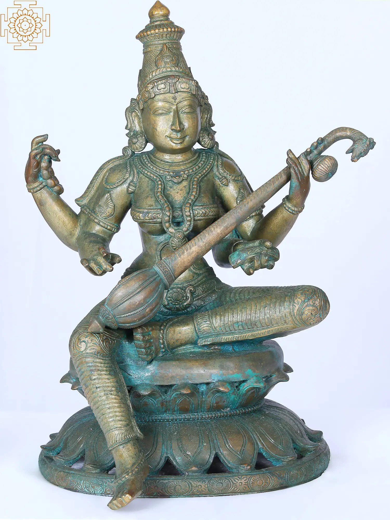 Vintage Brass Big Size Goddess Saraswati Idol Figurine Statue Original Old Engraved