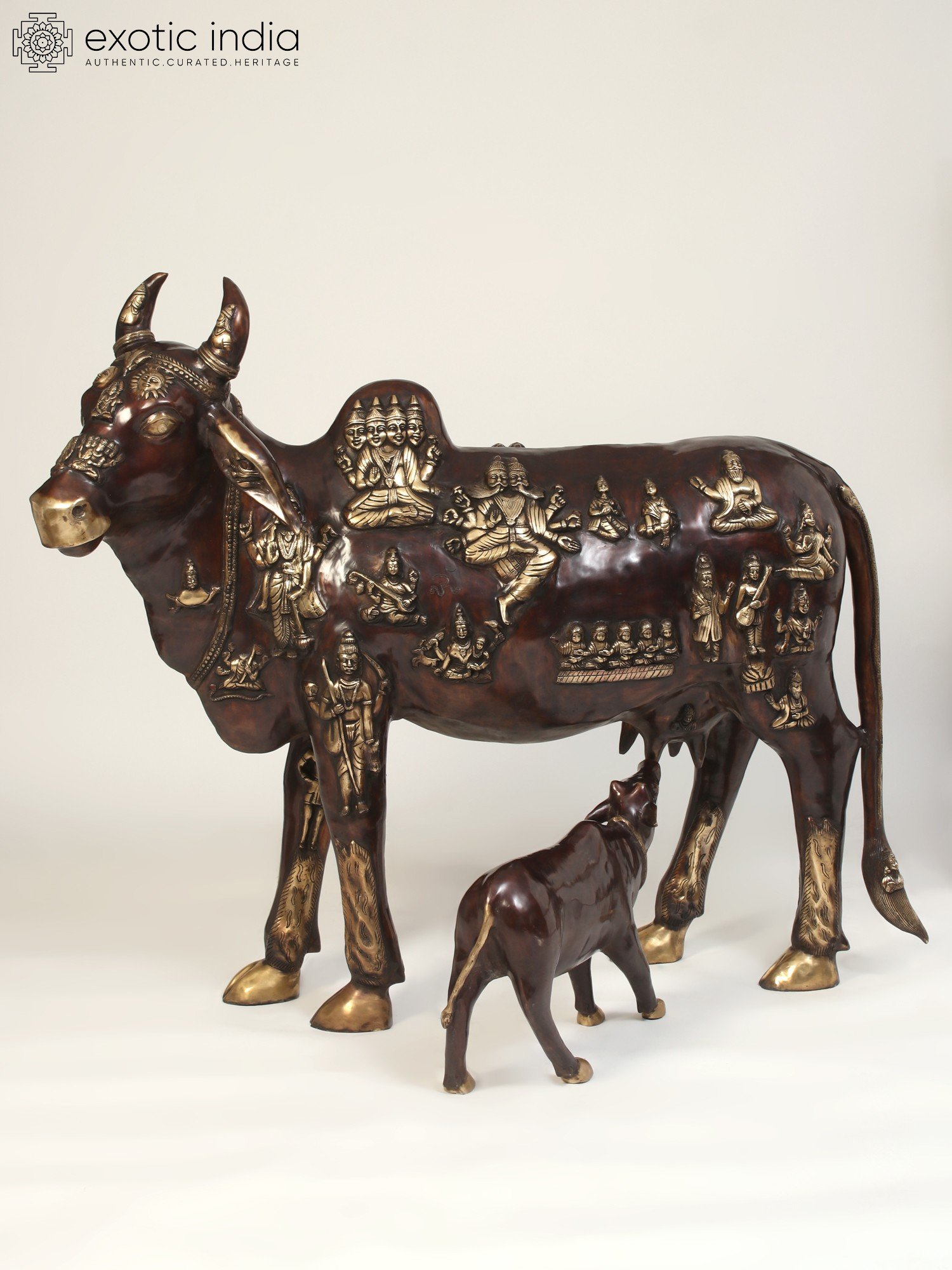 48 Large Kamadhenu Cow with Calf, Brass Statue