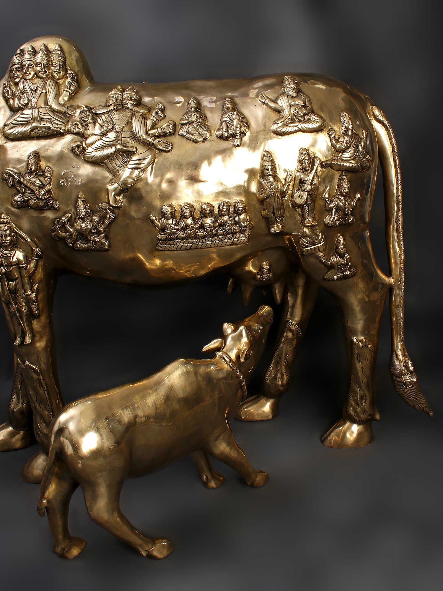 48 Large Kamadhenu Cow with Calf, Brass Statue