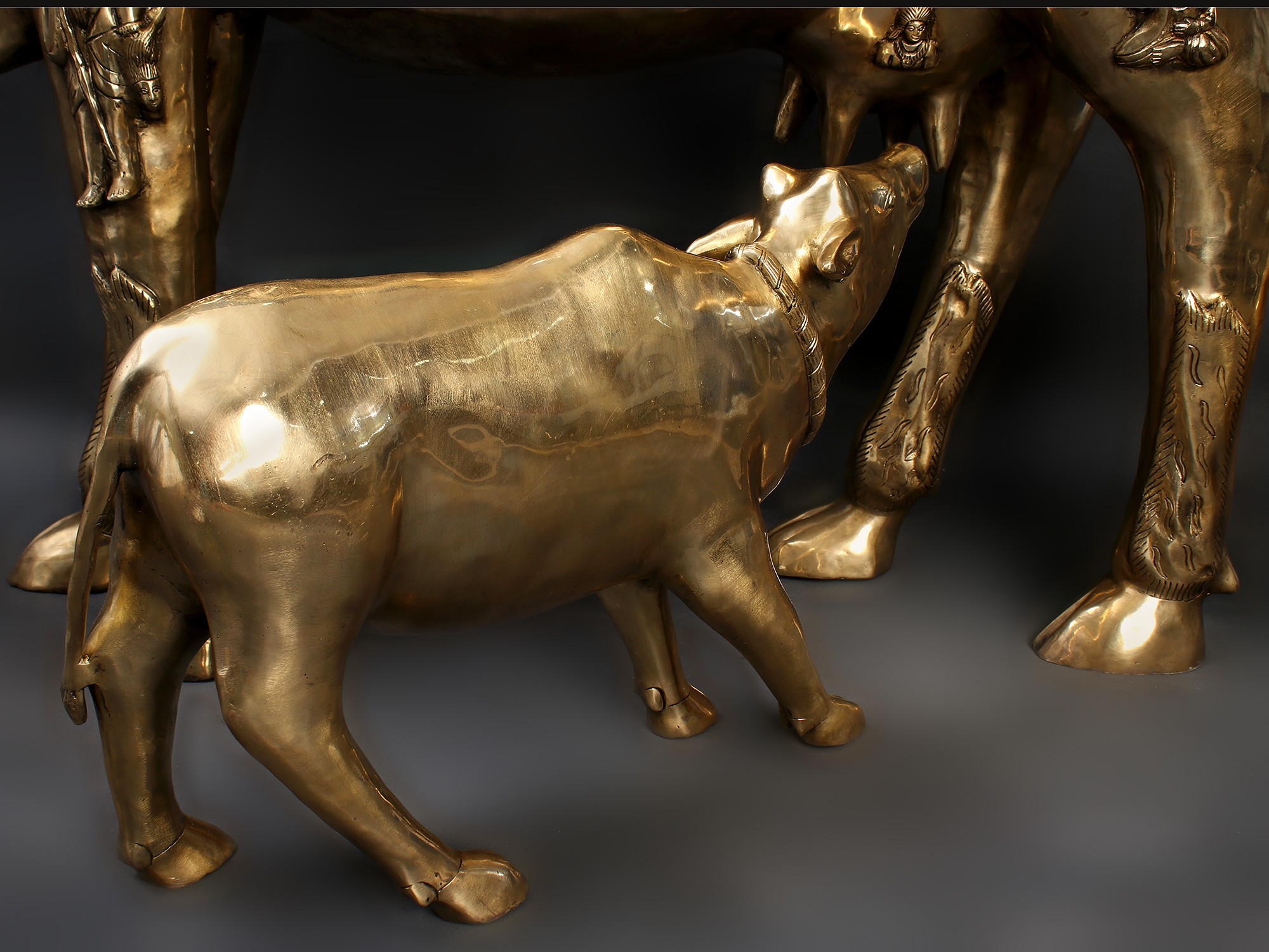 48 Large Kamadhenu Cow with Calf, Brass Statue