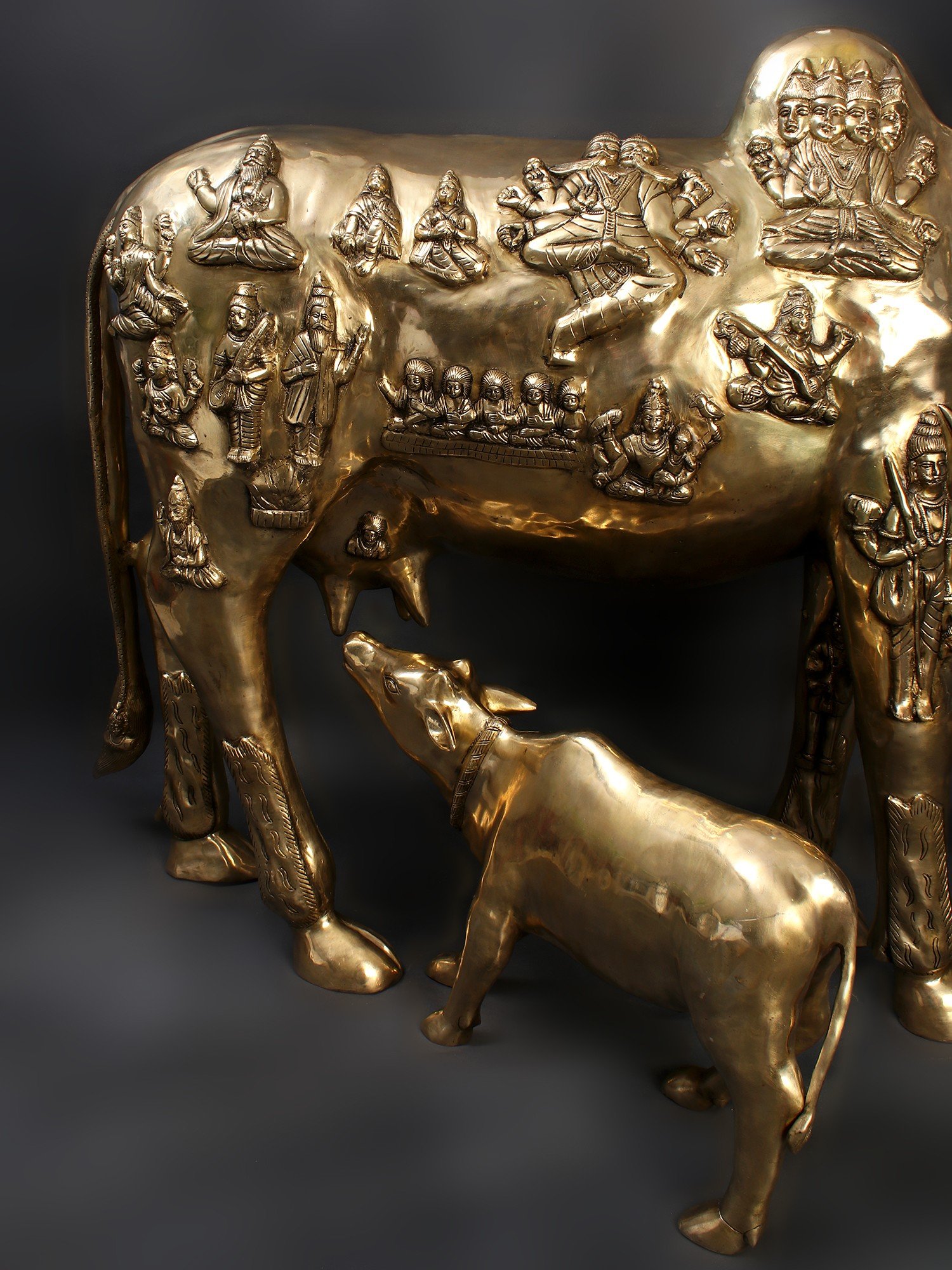 48 Large Kamadhenu Cow with Calf, Brass Statue