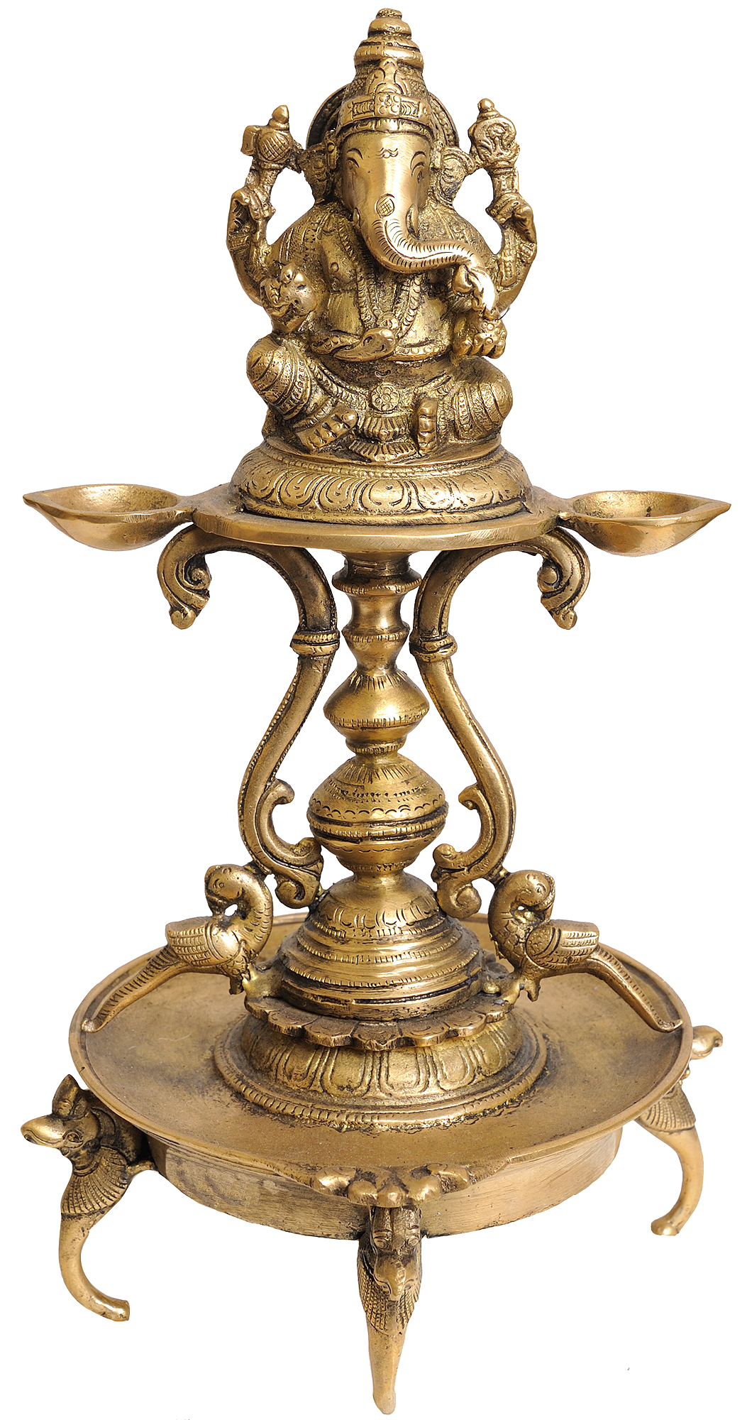 Dancing Ganesha Over Ethnic Stand Five Oil Wick Brass Diya, Indian