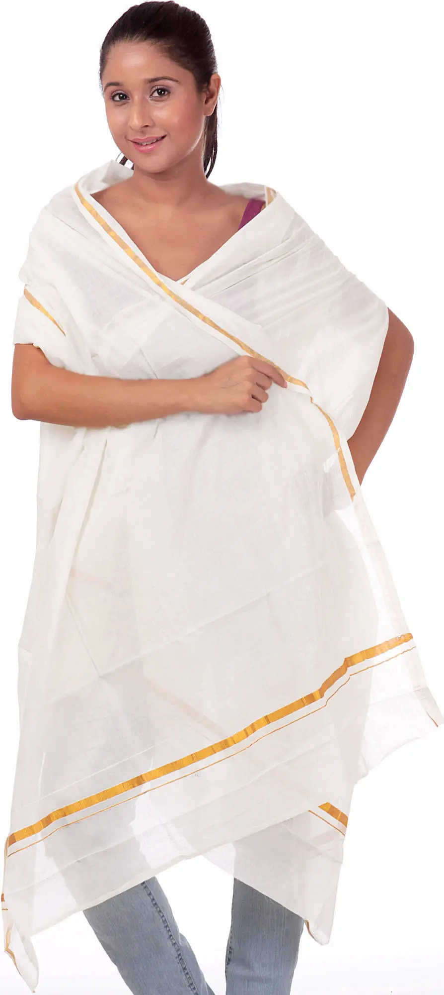 White Veshti Shawl from Kerala with Zari Border