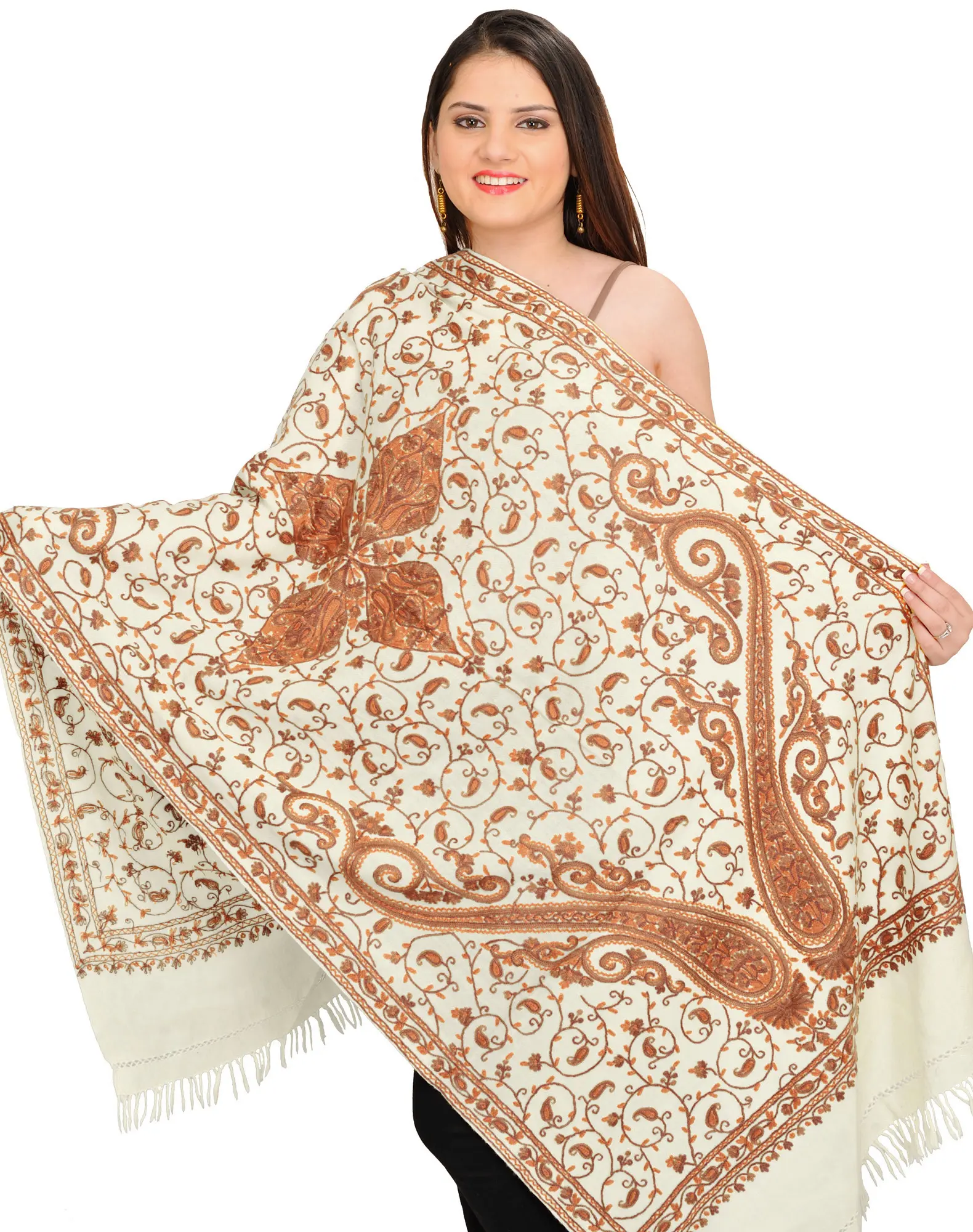 Stole from Kashmir with Aari Hand-Embroidered Paisleys All-Over