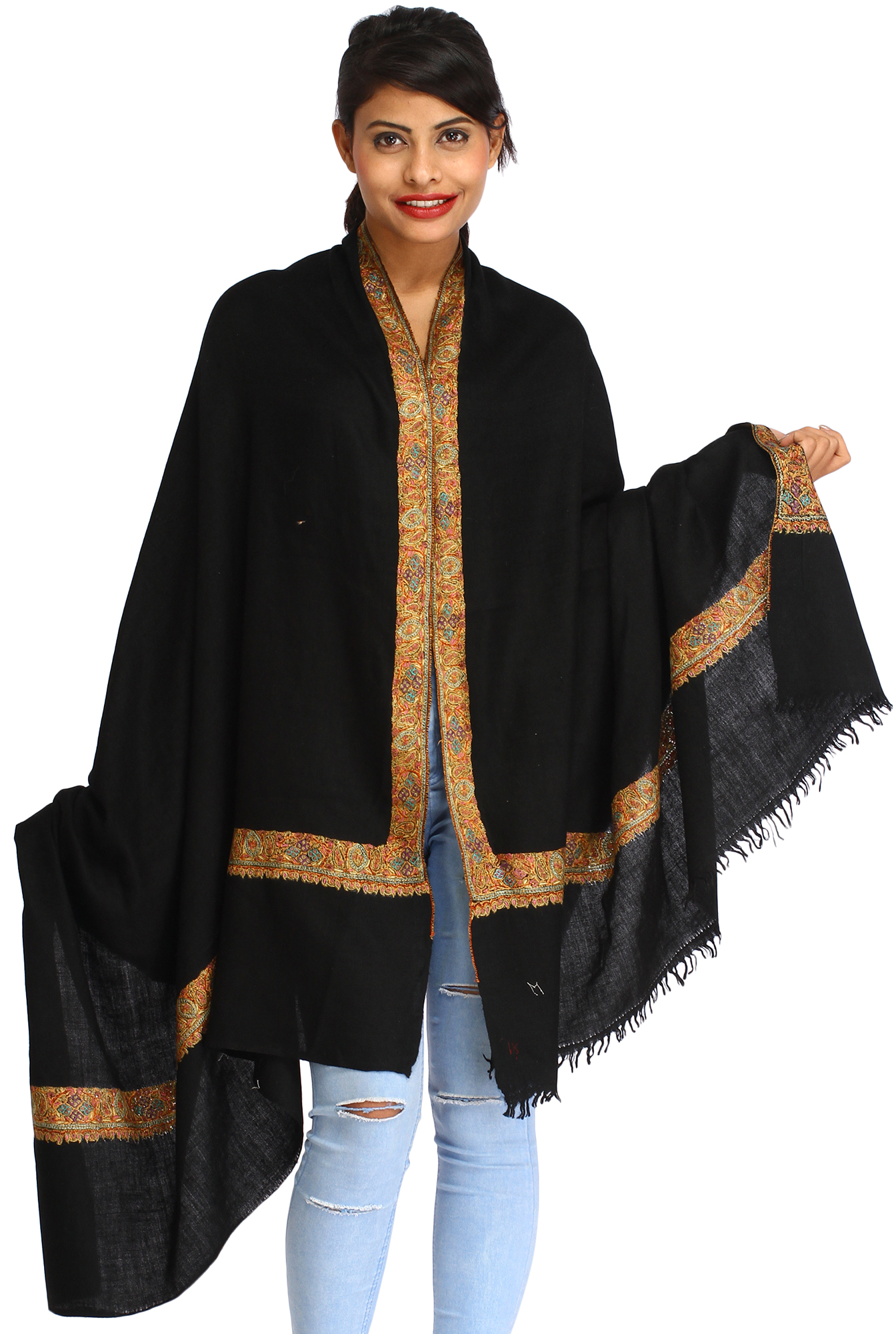 Jet-Black Plain Pashmina Shawl from Kashmir with Sozni Hand-Embroidery ...