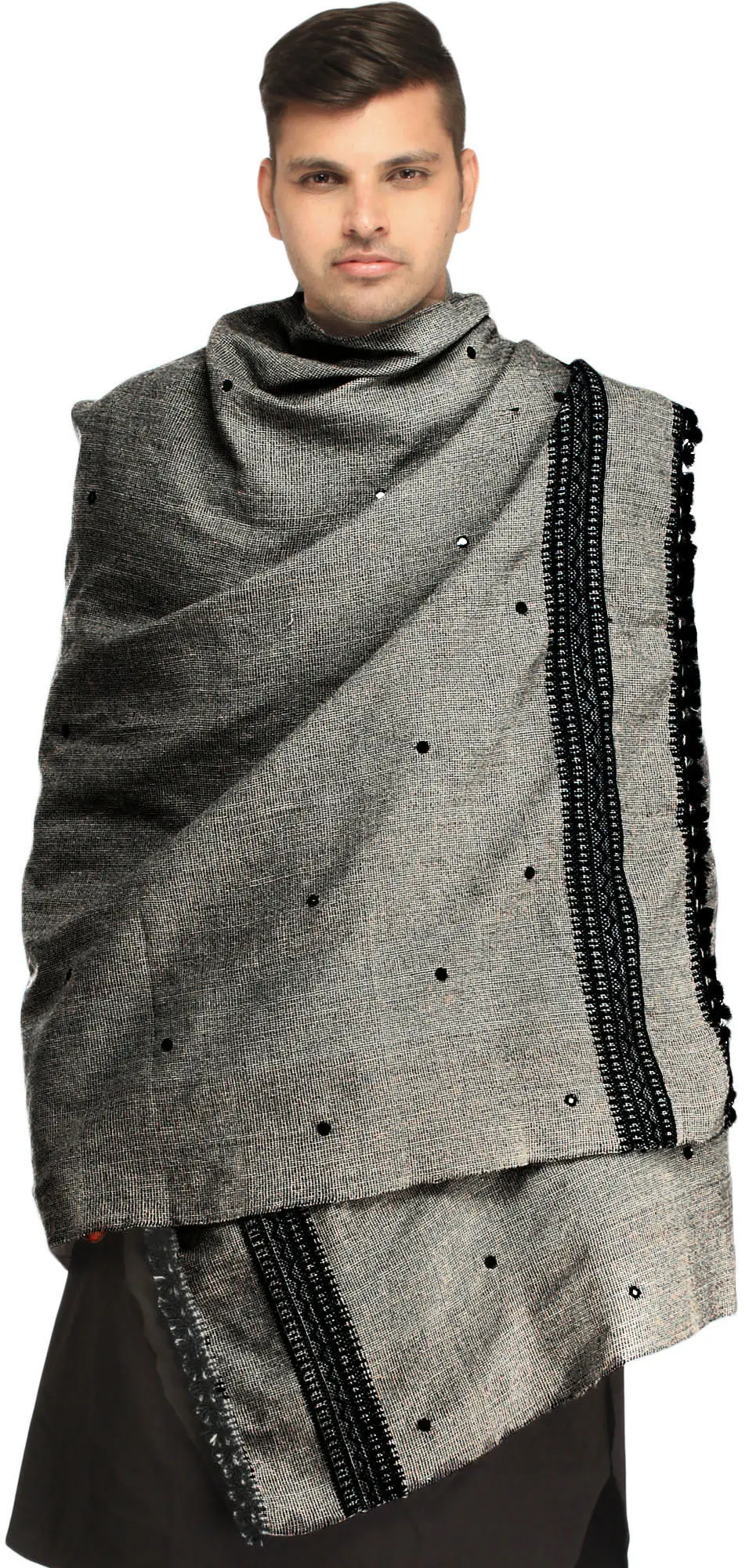 Men's Shawl from Kutch with Woven Border and Embroidered Mirrors