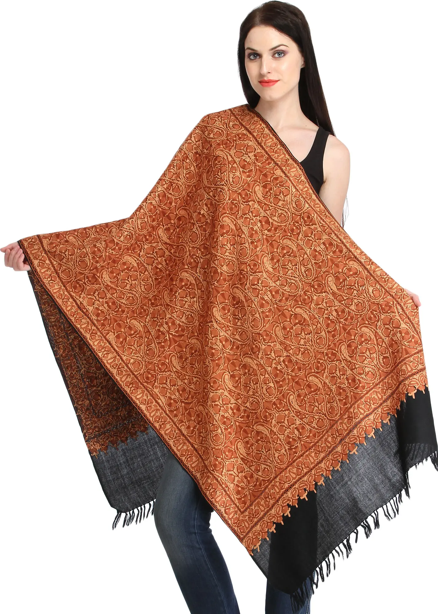 Brown and Black Kashmiri Stole with Aari Hand-Embroidered Paisleys All-Over