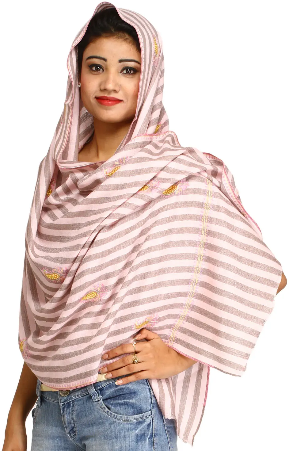 Striped Stole from Kashmir with Self-Weave and Needle Hand-Embroidered Paisleys