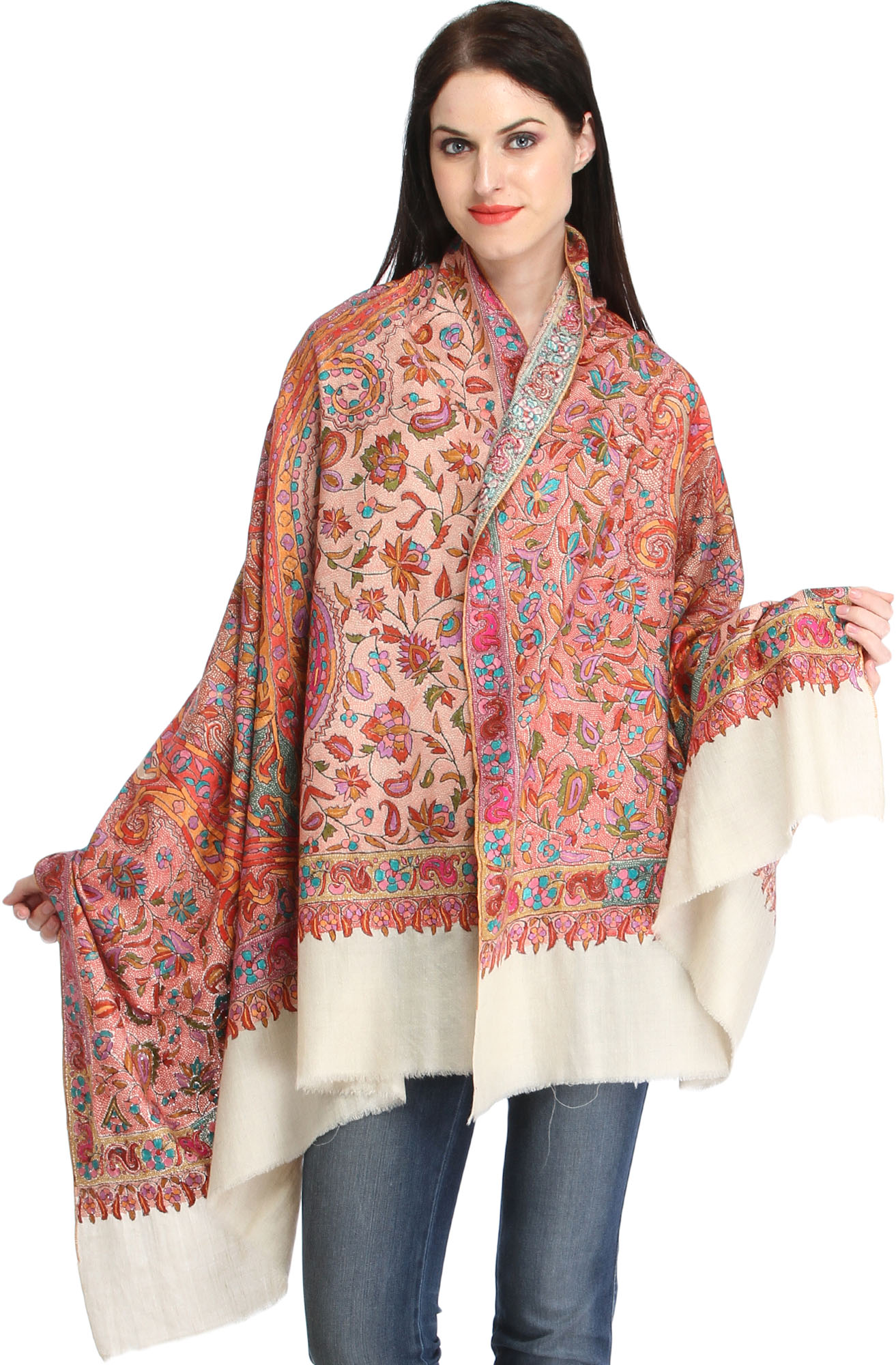 Ivory Kashmiri Pure Pashmina Shawl with Papier Mache Hand-Embroidery in ...