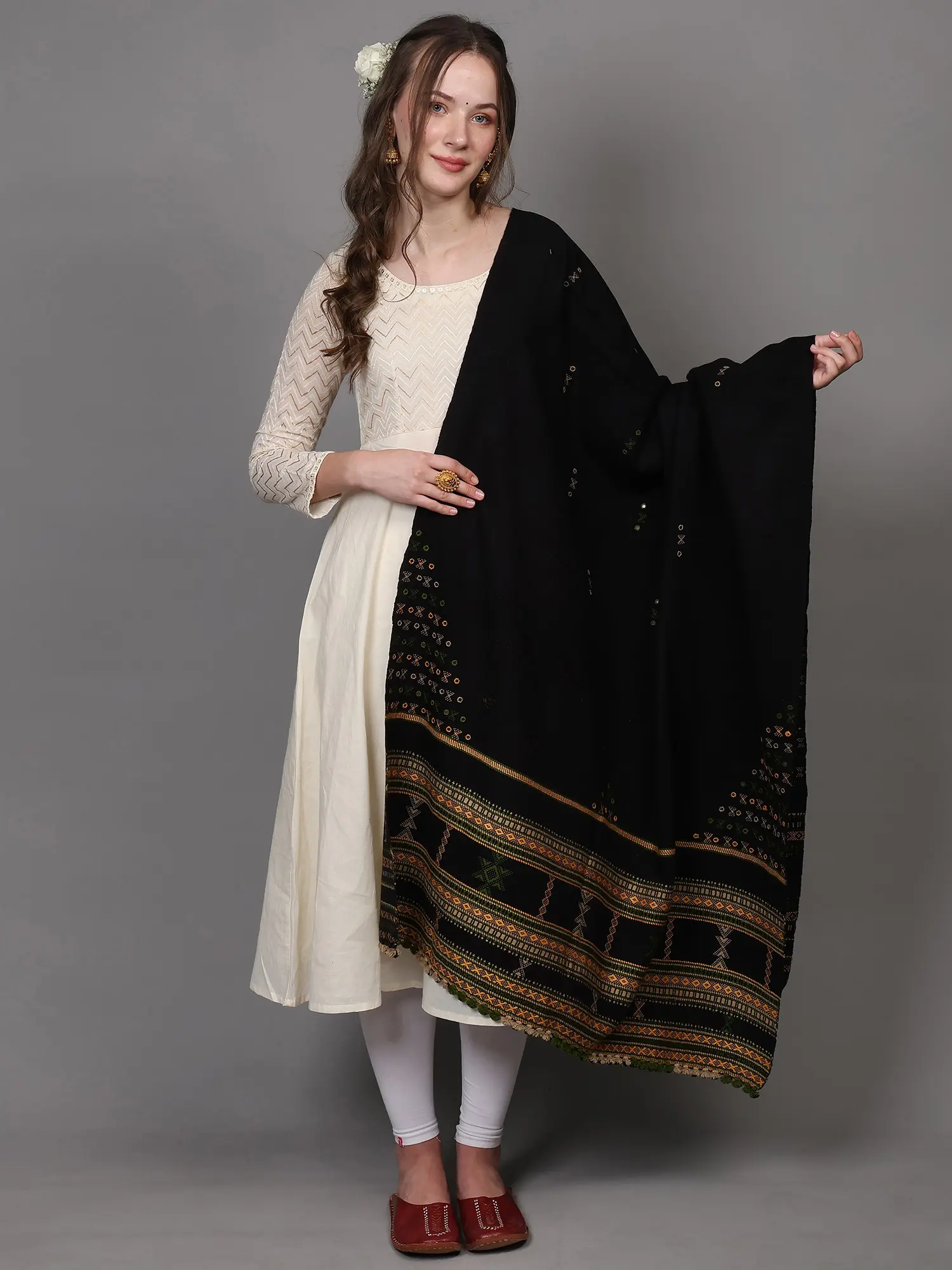 Shawl from Kutch with Woven Border and Embroidered Mirrors