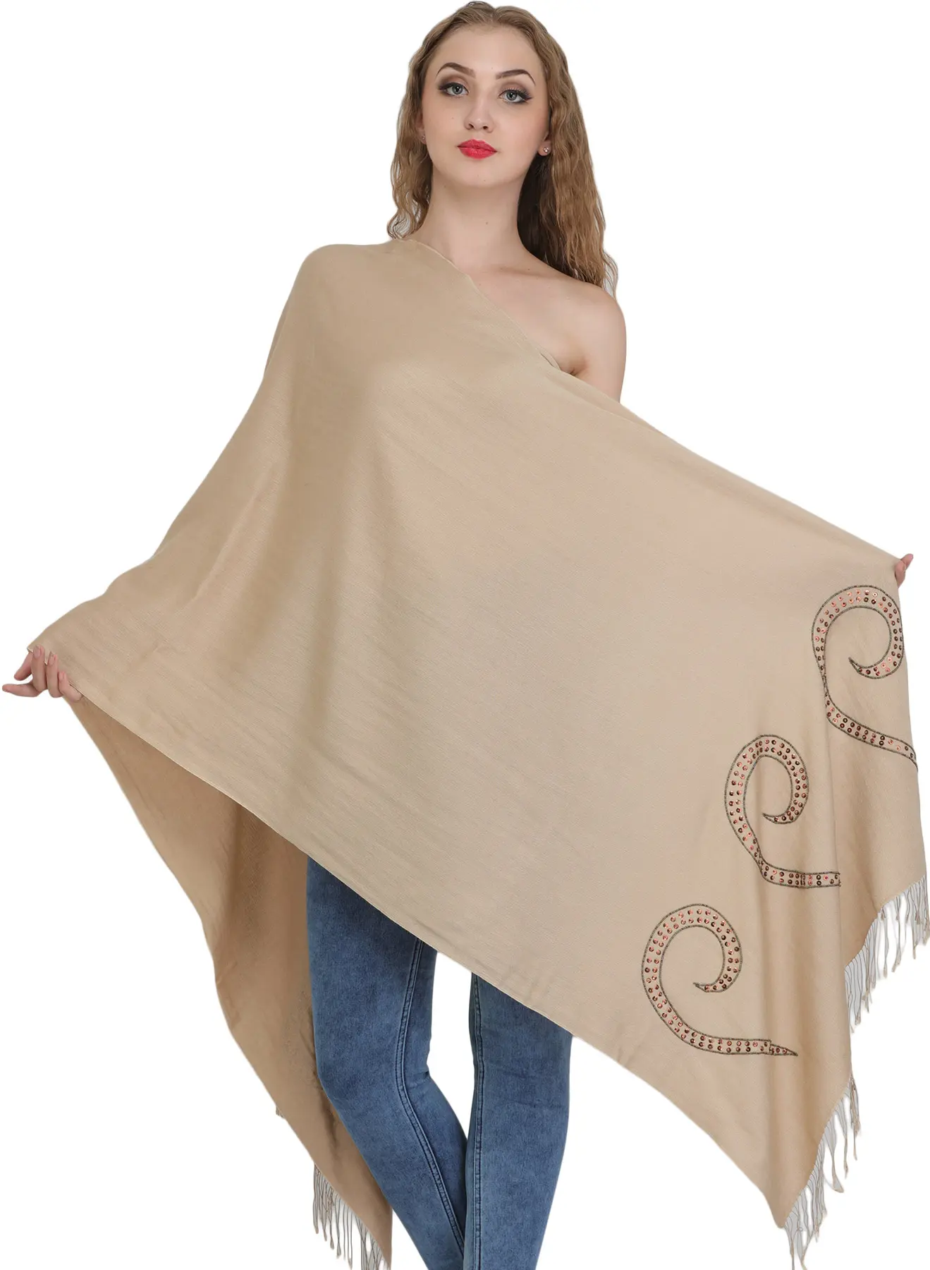 Shifting-Sand Cashmere Silk Stole from Nepal with Embroidered-Beads