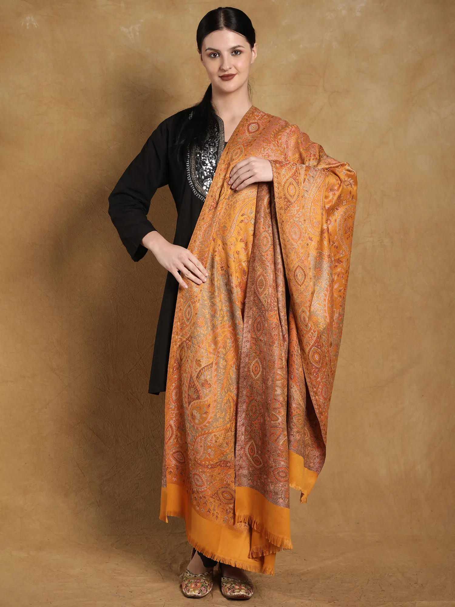 Reversible Jamawar Shawl with Woven Paisleys