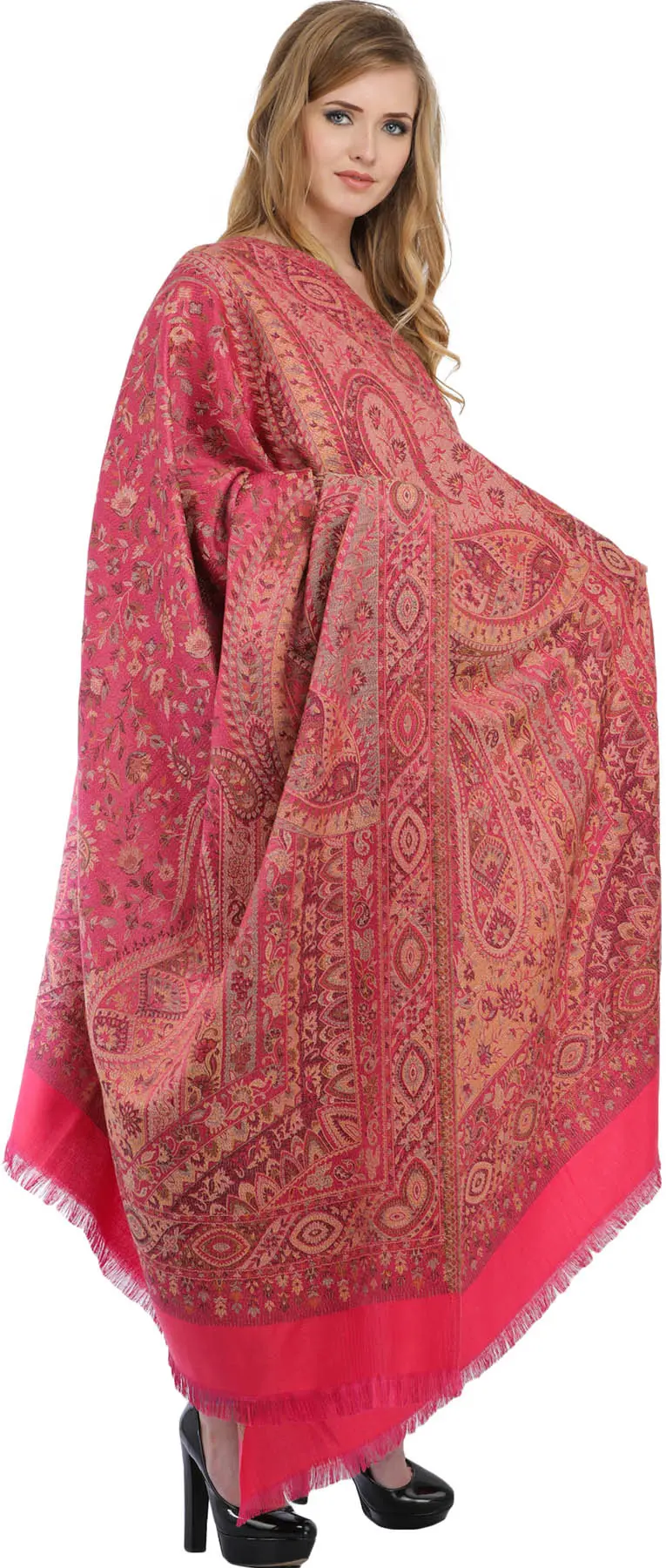 Reversible Jamawar Shawl with Woven Paisleys, alternate view
