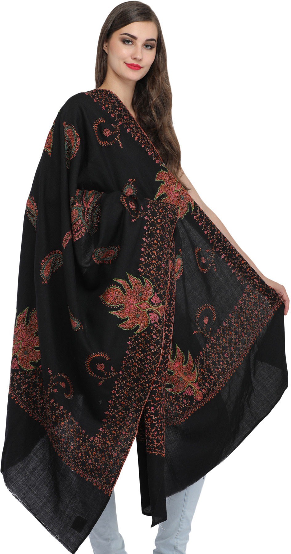 Jet-Black Tusha Shawl from Kashmir with Sozni Hand-Embroidered Chinar ...