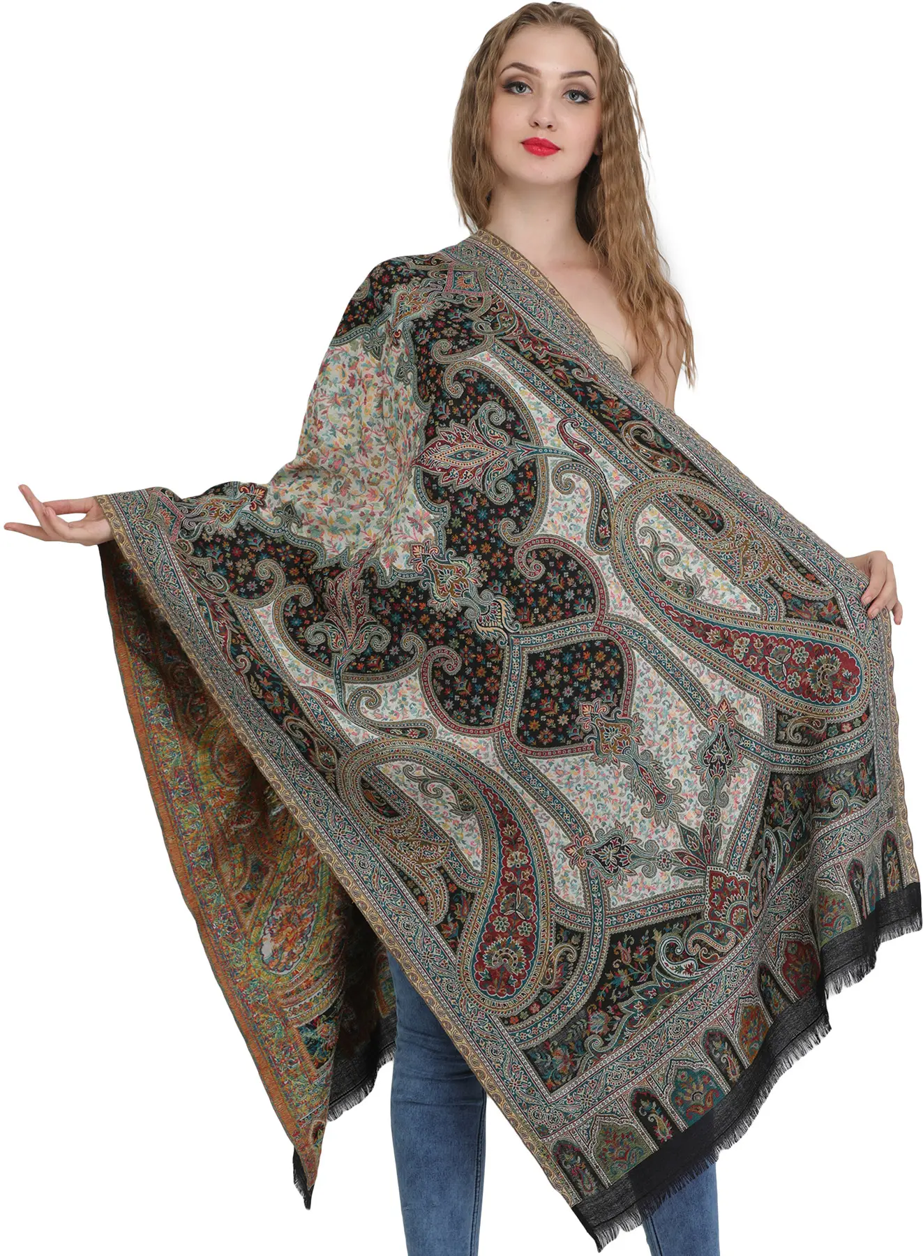 Jet-Black Stole from Amritsar with Woven Flowers and Paisleys