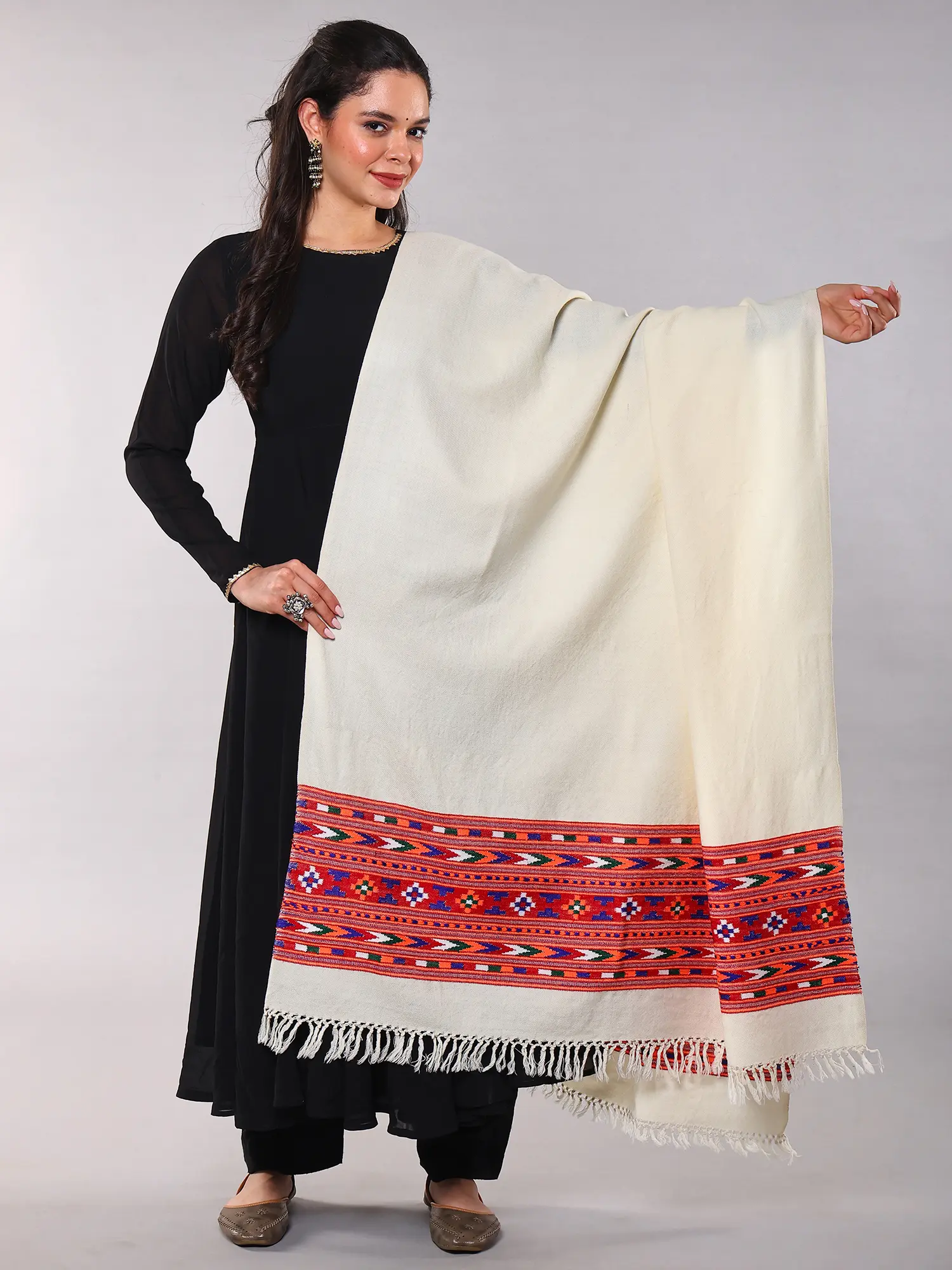 Yak Wool Shawl from Kullu with Kinnauri Woven Multicolor Wide Border