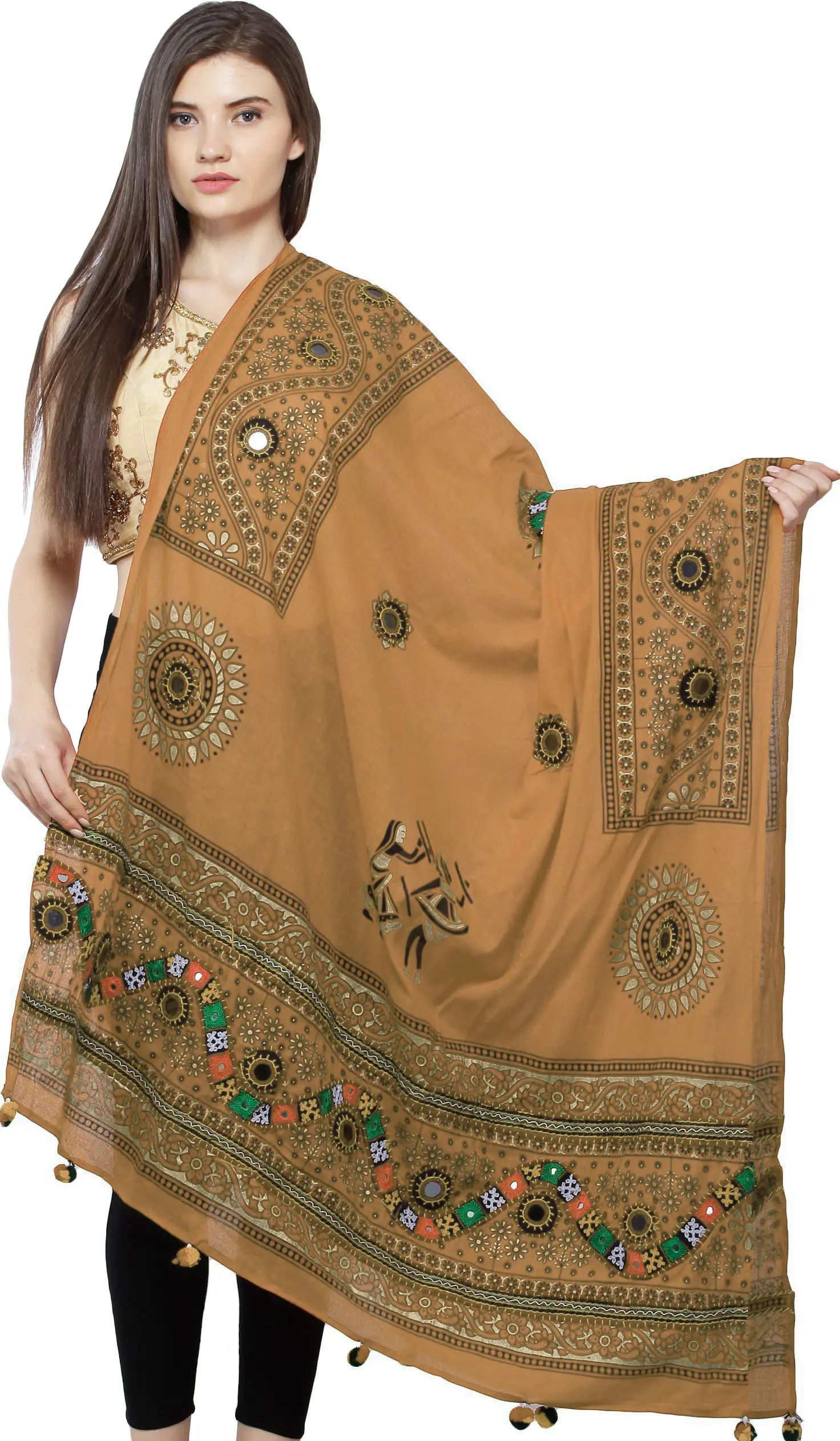 Printed Dupatta from Kutch with Hand-Embroidered Florals and Mirrors