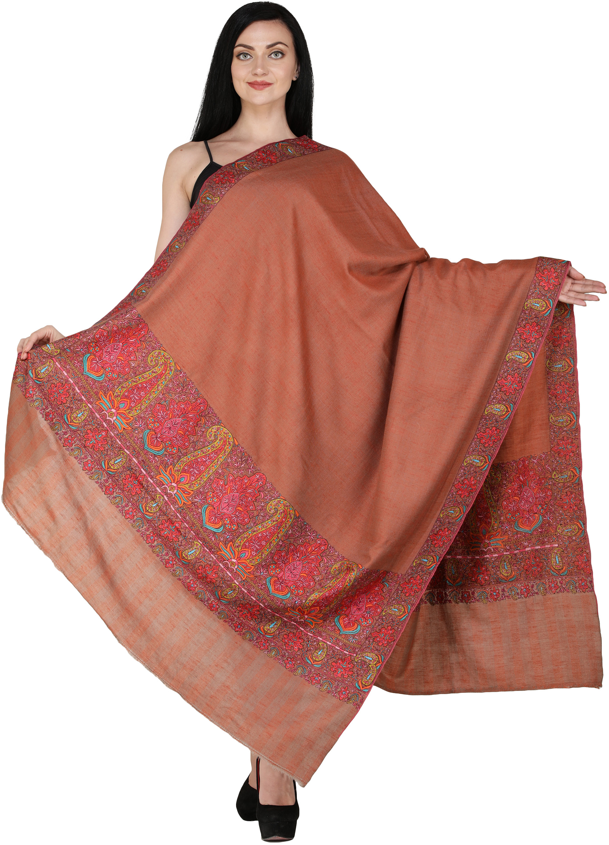 Aragon Plain Pashmina Handloom Shawl from Kashmir with Intricate Sozni ...