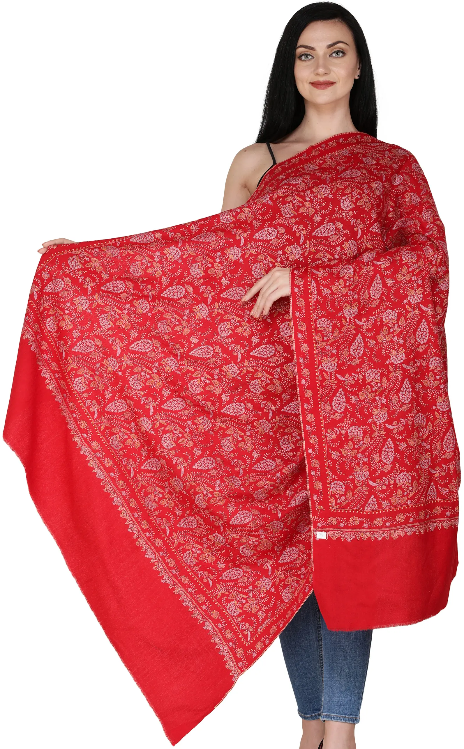 Tusha Shawl from Kashmir with Sozni Embroidered Multicolor Floral vines All Over