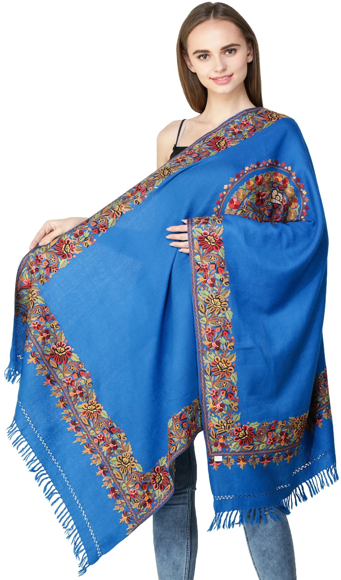 Stole From Kashmir with Aari Hand-Embroidered Mandala and Border