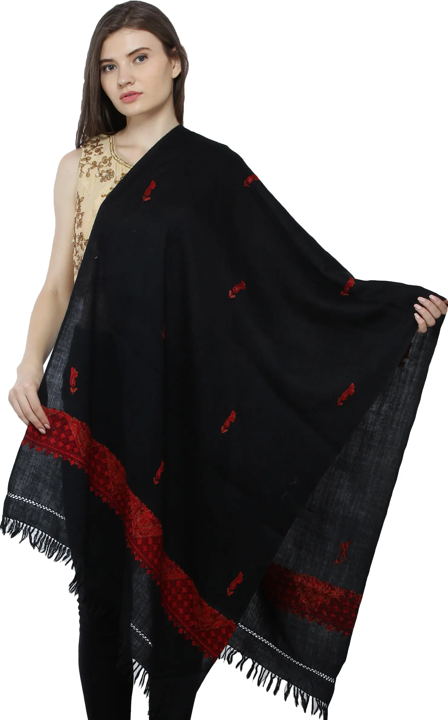 Plain Stole from Kashmir with Aari Hand-Embroidered Paiselys on Border