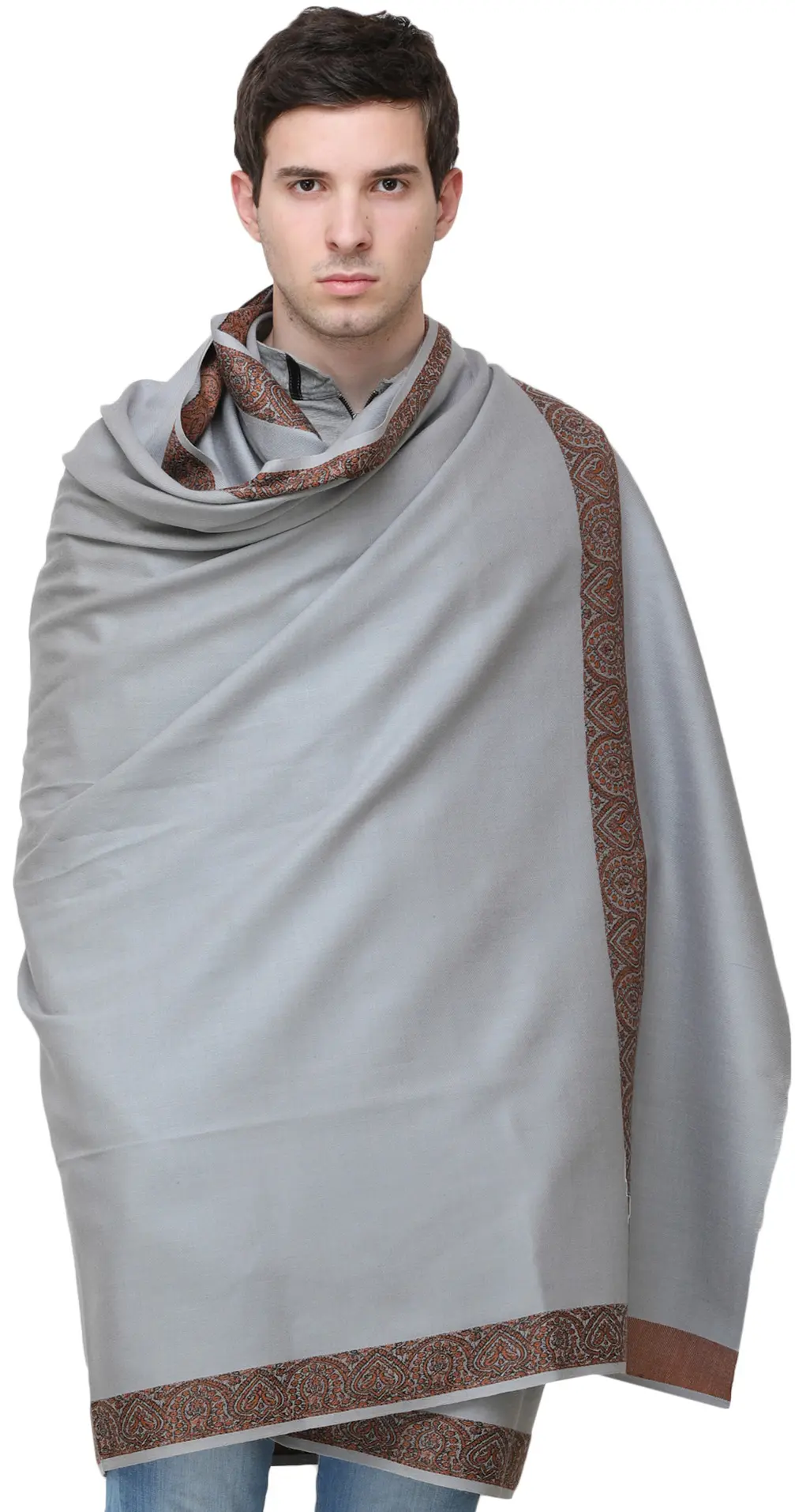 Plain Men's Shawl with Brown Woven Border
