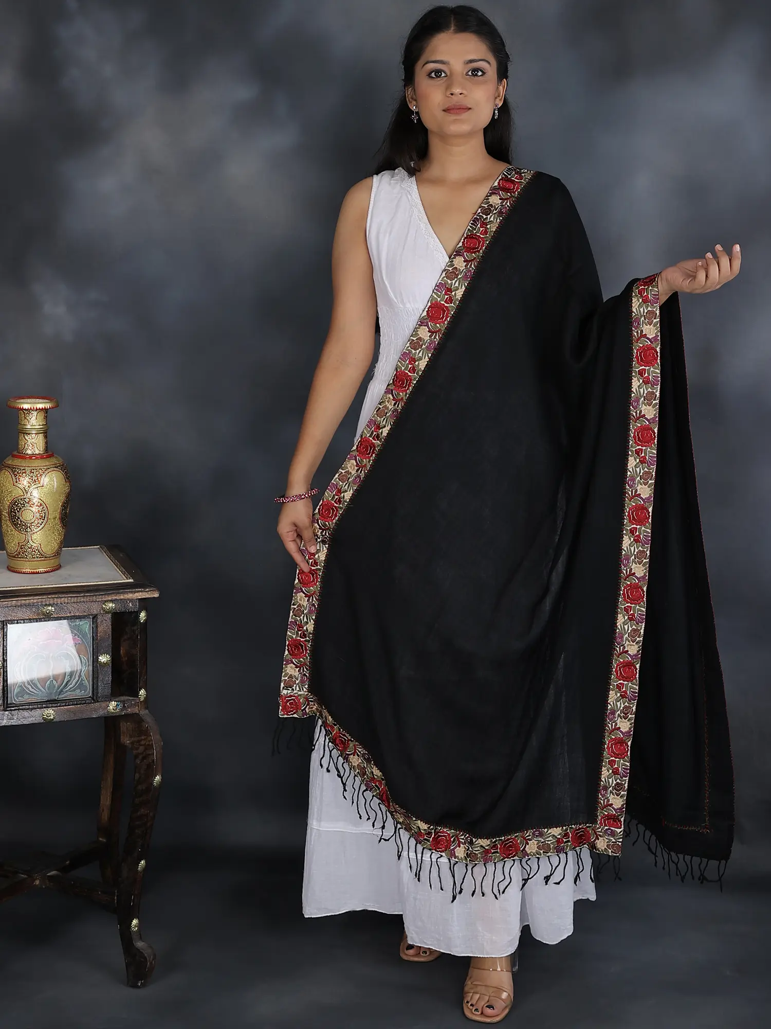 Plain Stole from Amritsar with Embroidered Floral Patch Border
