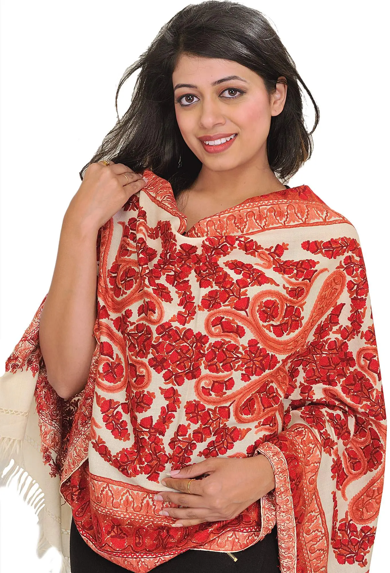 Stole from Kashmir with Aari-Embroidered Paisleys by Hand