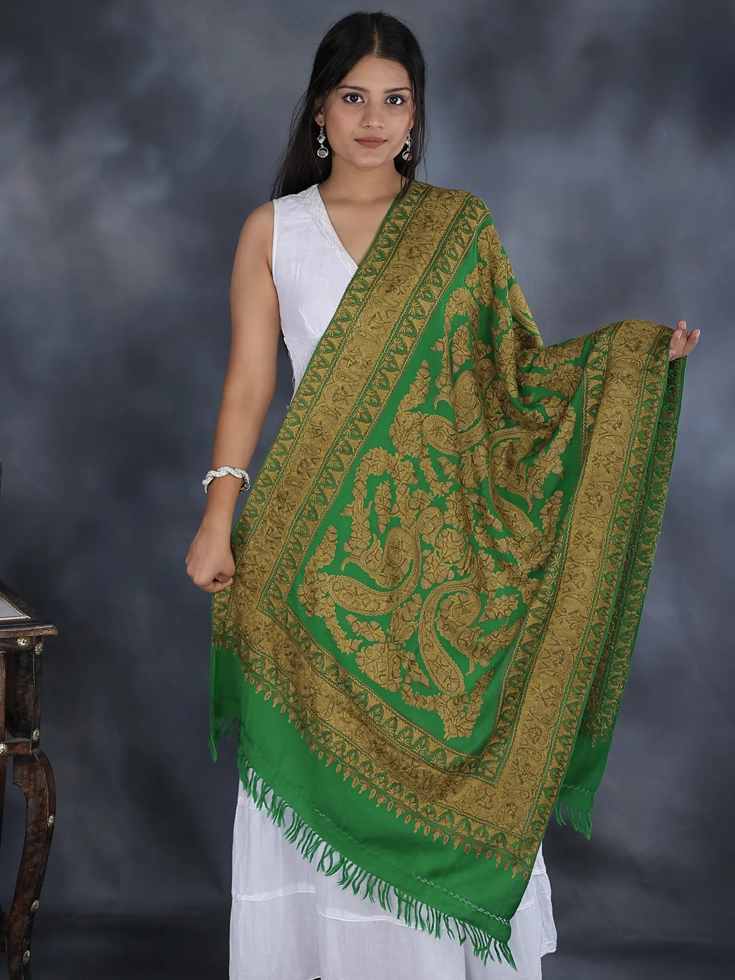 Stole from Kashmir with Aari-Embroidered Paisleys by Hand
