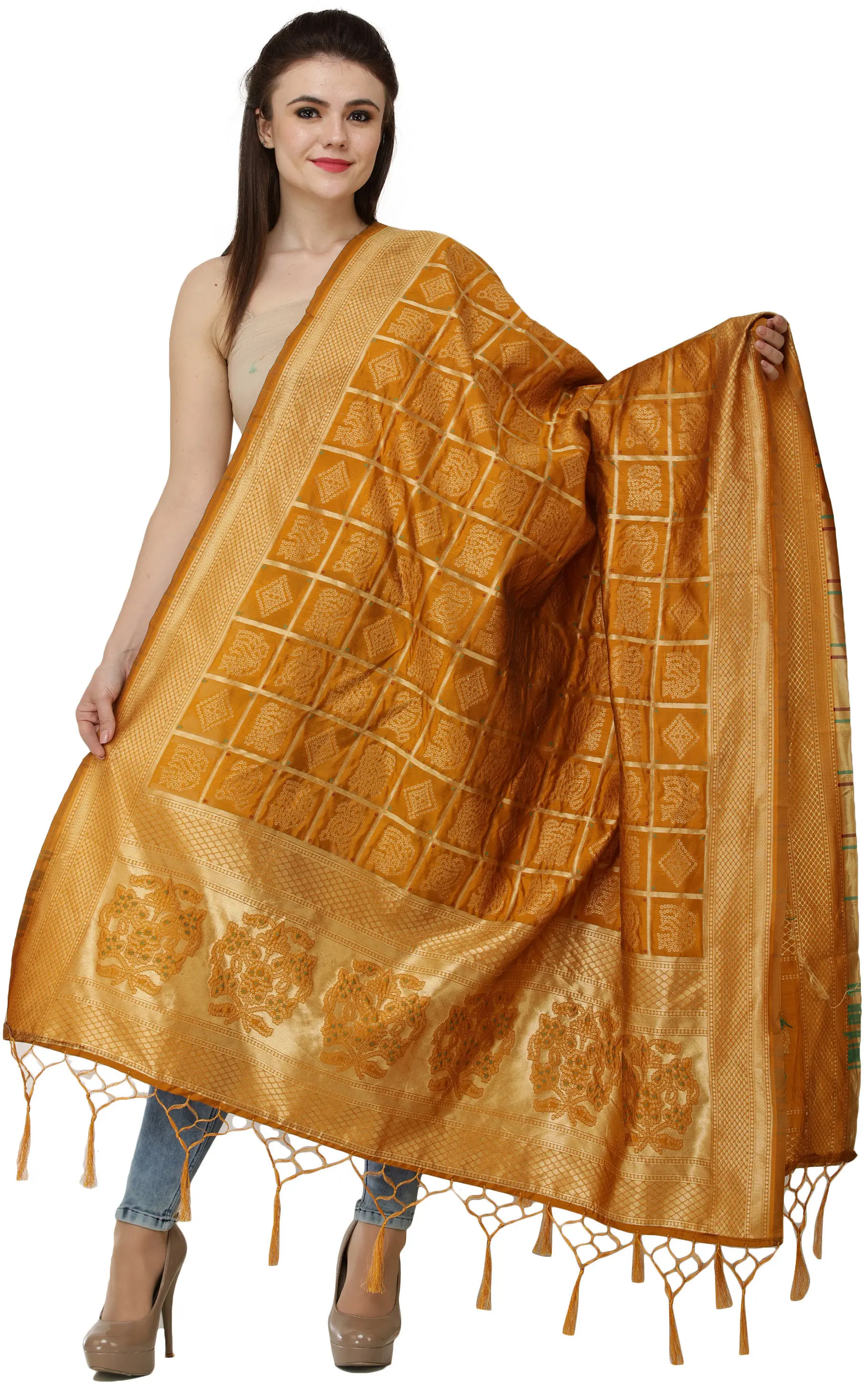Bandhani Gharchola Dupatta with Zari Weave and Brocaded Border