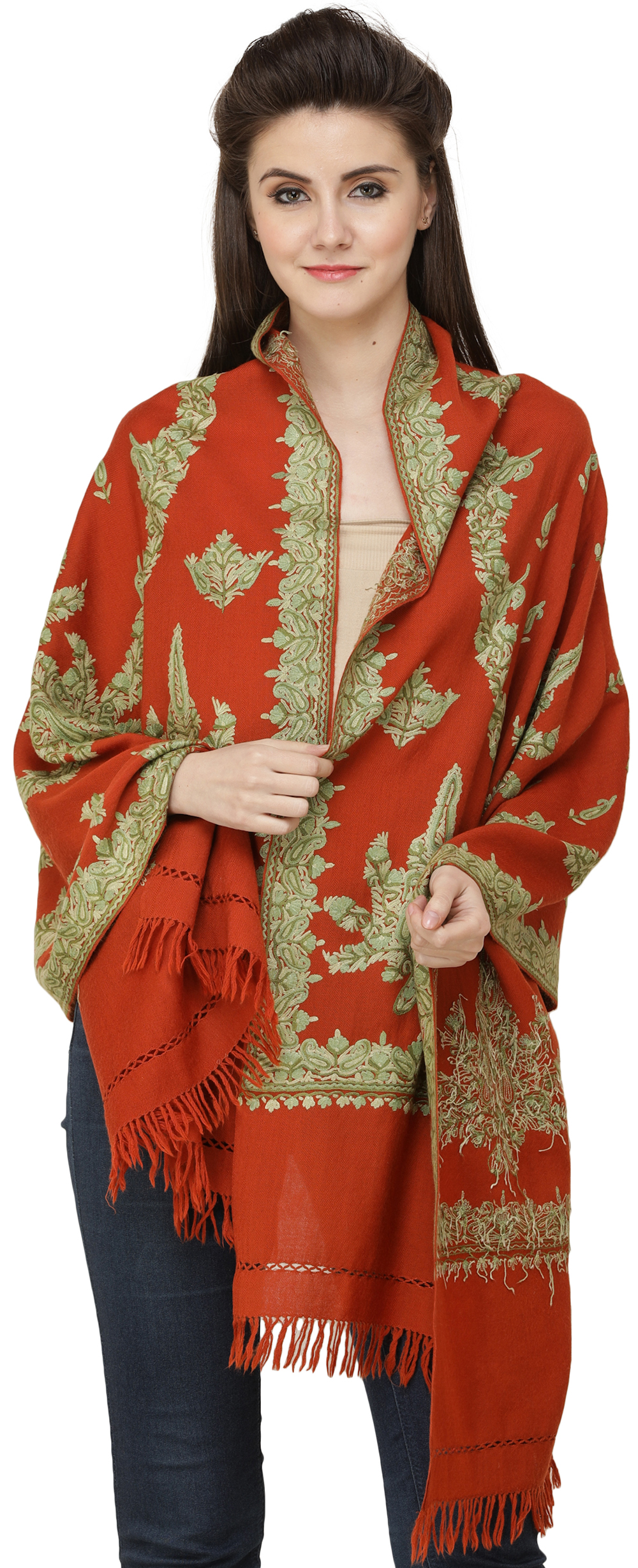 Orange-Rust Shawl from Kashmir with Floral Embroidery by Hand | Exotic ...