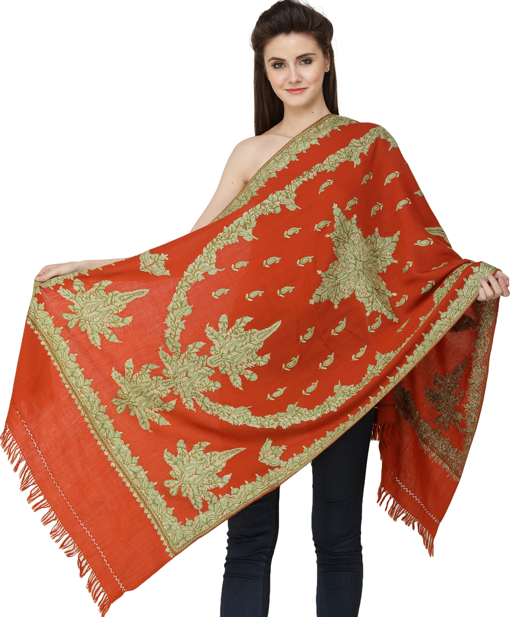 Orange-Rust Shawl from Kashmir with Floral Embroidery by Hand | Exotic ...