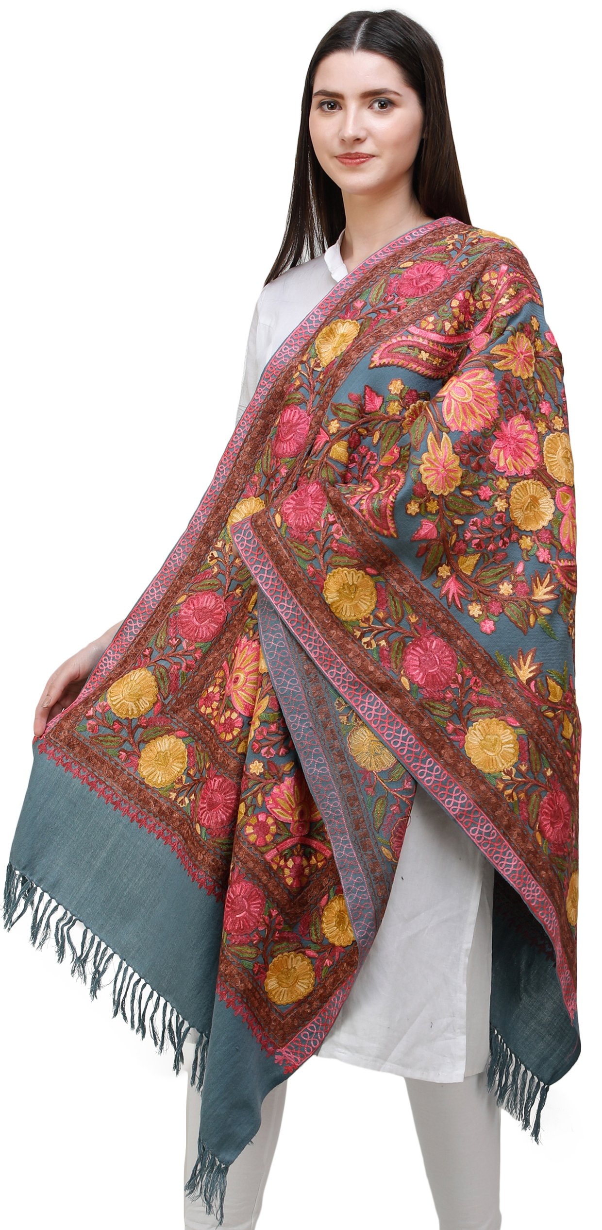 Smoke-Blue Stole from Kashmir with Aari-Embroidered Flowers in ...