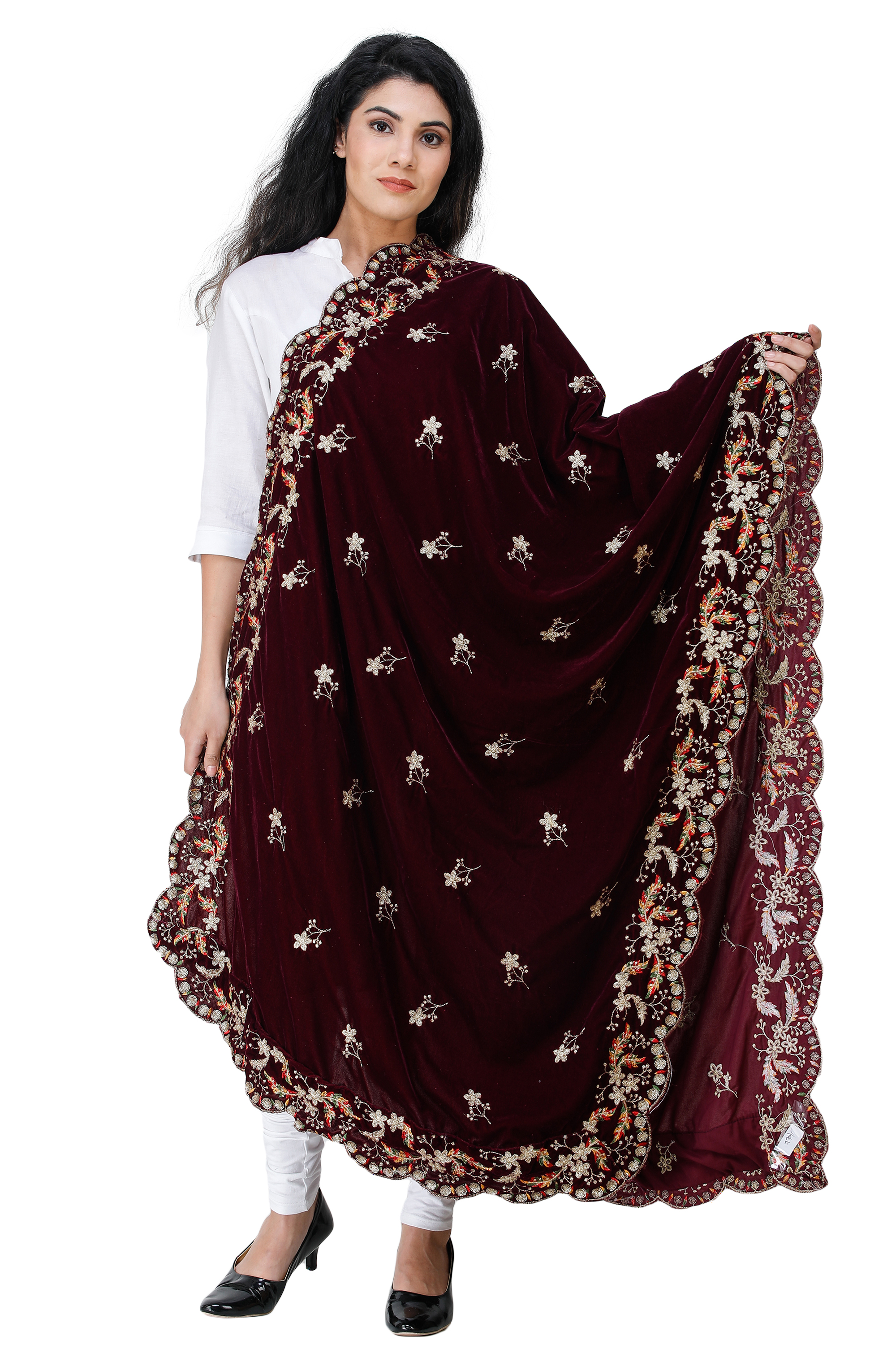 gown with velvet dupatta