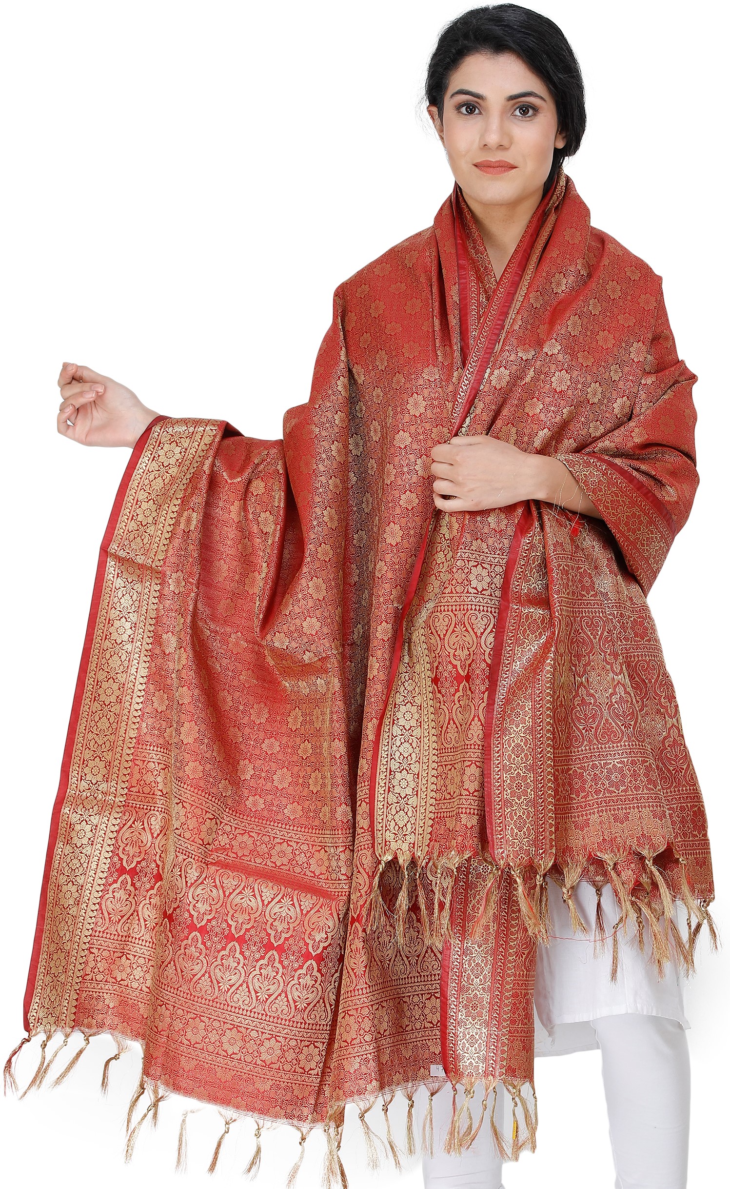 Garnet Red Dupatta from Banaras with Golden Thread Weave | Exotic India Art