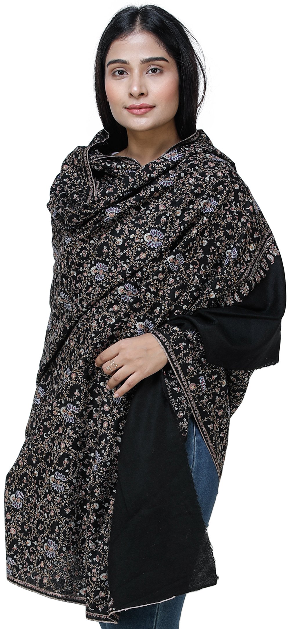 Jet-Black Pashmina Shawl From Kashmir with Intricate Needle Embroidery ...