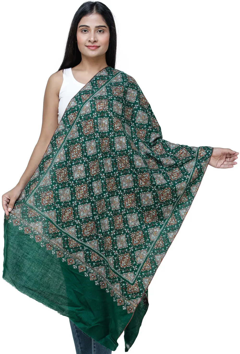 Eden-Green Pashmina Stole from Kashmir with Intricate Hand Embroidery